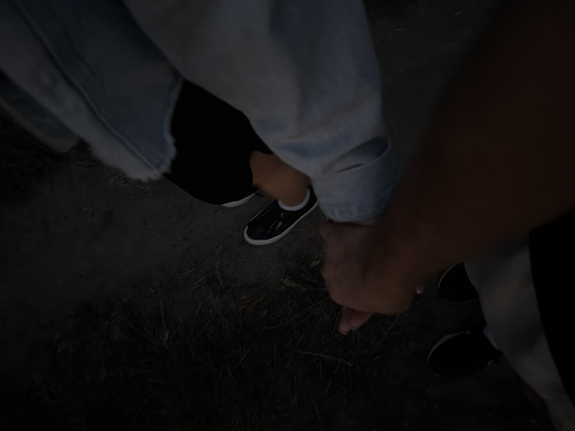 Two individuals are holding hands outdoors, in a dimly lit, natural environment. One individual, wearing black shoes and black pants, is positioned closer to the camera, with their hand clasped by the other. The second individual, visible from the waist down, is wearing black shoes, black pants, and a light blue denim jacket. The ground appears to be dirt and dry vegetation. No specific landmarks or urban features are identifiable to confirm a location in Strășeni, Moldova.