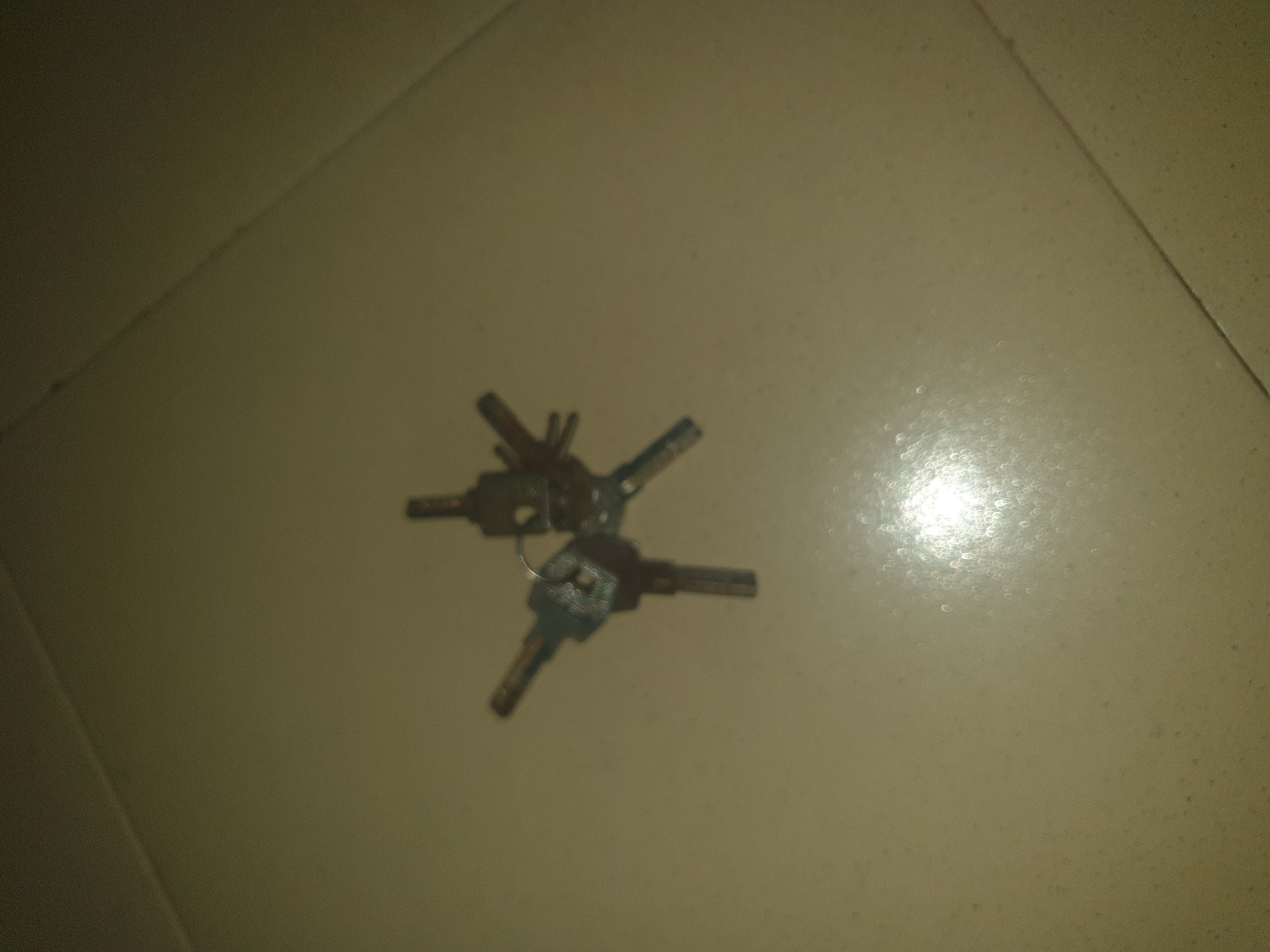 A cluster of five silver-colored keys is arranged on a light-colored tiled surface. The keys are attached to a silver ring. One key is positioned horizontally, with its teeth facing upwards. To its right, another key is angled downwards, also with its teeth upwards. Above these two, a third key points upwards and to the left. A fourth key is situated above the horizontal key, pointing downwards and to the right. The fifth key is positioned above and to the right of the cluster, pointing upwards. The surface appears to be the floor in a residential or commercial building in Jalingo, Nigeria, with a distinct grout line running diagonally across the frame. The lighting is dim, with a bright glare reflecting off the surface in the lower right portion of the image.