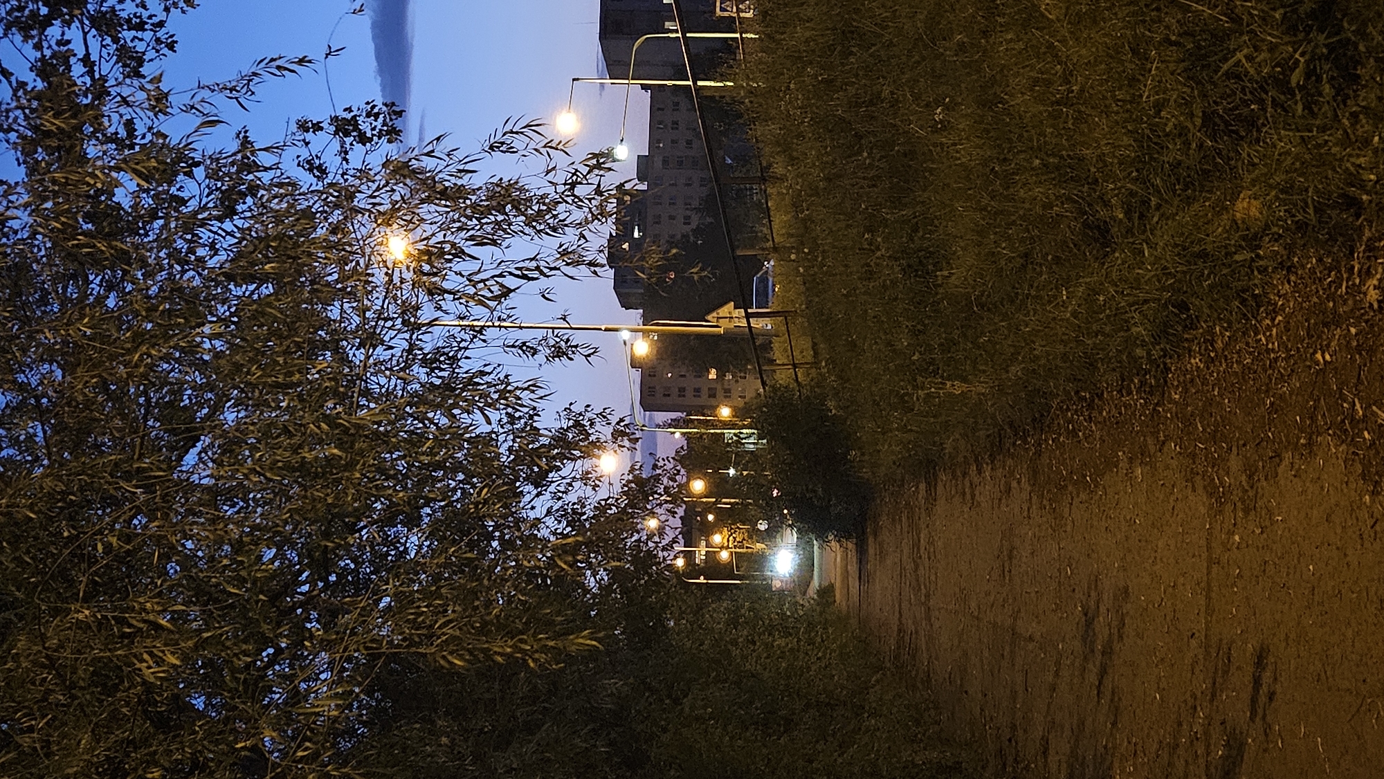 The image shows a pathway illuminated by streetlights at dusk or night in Prešov, Slovakia. The pathway is made of dirt and is flanked by tall grass and trees. In the background, there are multi-story apartment buildings and more streetlights. A car is visible on a road in the distance. The sky is a deep blue with some clouds.
