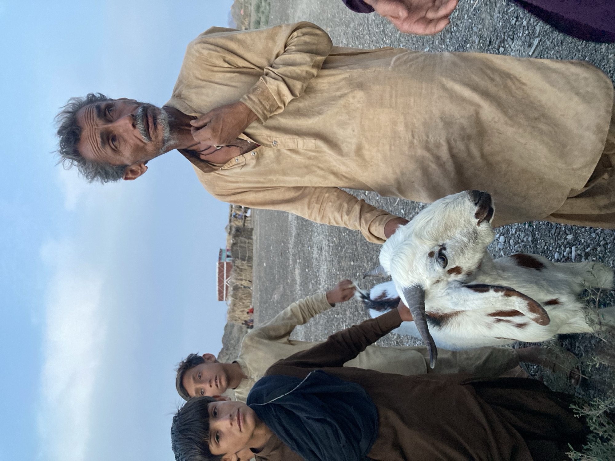 The image captures a group of people with a goat in what appears to be an outdoor setting. The location is Wayara, Pakistan.
An older man with graying hair and a mustache is standing and is holding onto the goat by its head, looking into the camera. He is wearing a beige traditional tunic.
Two young boys are nearby. One is standing in front of the other, wearing brown tunics and a dark scarf. One of the boys is holding the goat’s tail.
The goat is white with brown spots. The animal's head is tilted.
In the background, the landscape consists of a dirt area with some vegetation and a building. The sky is visible and appears hazy.