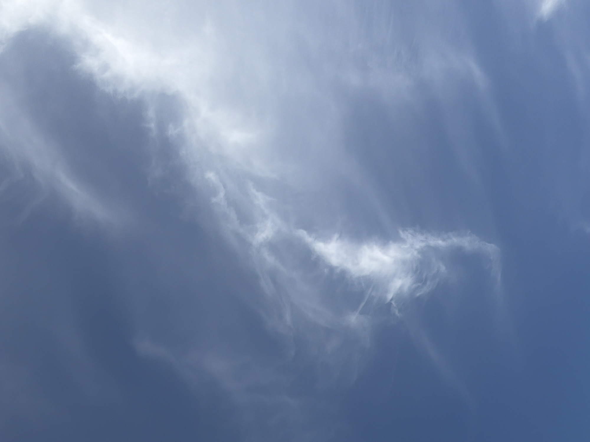 The image displays a clear blue sky with scattered, wispy white clouds. The clouds appear thin and stretched, suggesting high altitude or wind action. The light indicates it is daytime, and the overall impression is one of a bright, open sky. There are no visible objects, people, or structures in the image, nor any indication of the city of Kolomna, Russia, or any specific location within it. The focus is solely on the atmospheric conditions.