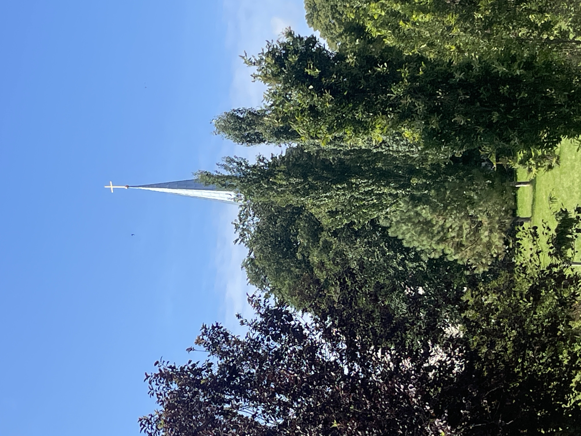 The image shows a church spire with a golden cross at its apex, peeking above a dense canopy of trees. The spire is silver and tapers to a sharp point. The sky is clear and blue. In the foreground, various trees with dark green and purplish foliage are visible. The overall scene suggests a sunny day in a location with abundant greenery. The location is likely Jõelähtme, Estonia, given the context.