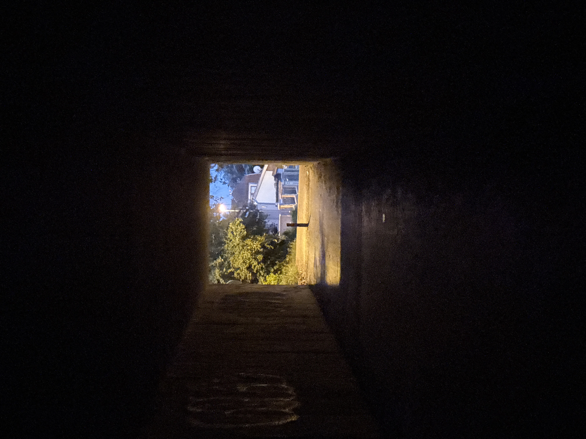 The image shows a view looking out of a dark tunnel. The tunnel walls are concrete and appear to have graffiti on the left side. The tunnel opens to an outdoor scene illuminated by artificial light. In the distance, there are trees, a street light, and buildings, including what appears to be a house with white siding and a satellite dish. There is a short, dark, cylindrical object standing upright in the middle of the path outside the tunnel. The ground inside the tunnel is a dark, paved surface, and the ground outside is a lighter, possibly paved path. The sky is visible and appears to be either dusk or nighttime with a blue hue.