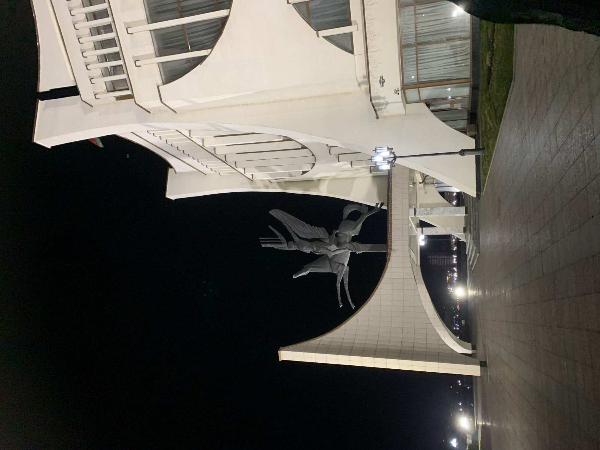 Captured at night, the image depicts the Monument to Soviet Soldiers and Partisans in Hrodna, Belarus. The foreground contains the monument's white architectural features and a statue of figures in flight, set against a dark night sky. To the side, a paved walkway is visible, leading towards distant city lights. Overhead lighting fixtures illuminate the monument. The perspective suggests the photo was taken from a low angle, accentuating the monument's height and scale.