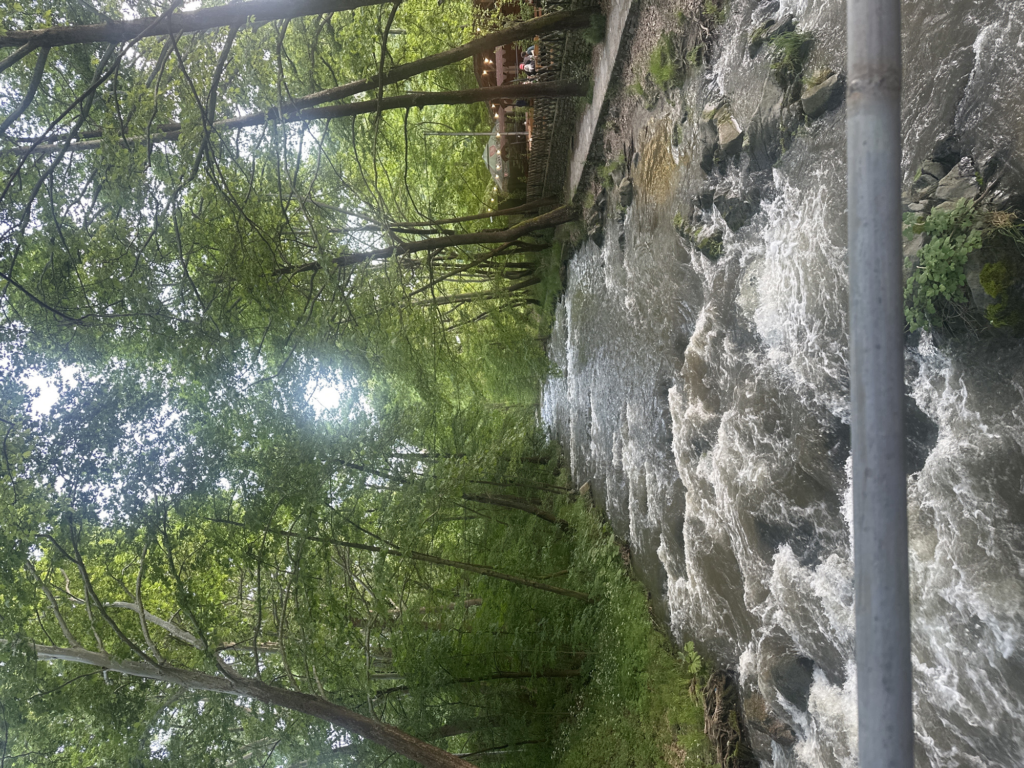 The image depicts a river flowing through a forested area, with trees lining both sides. The water is turbulent, with white water visible, indicating a fast current. A metal post is visible on the right side of the frame, partially obscuring the view. The location is Parvenets, Bulgaria. In the distance, near the river, there is a building and people are gathered outside.