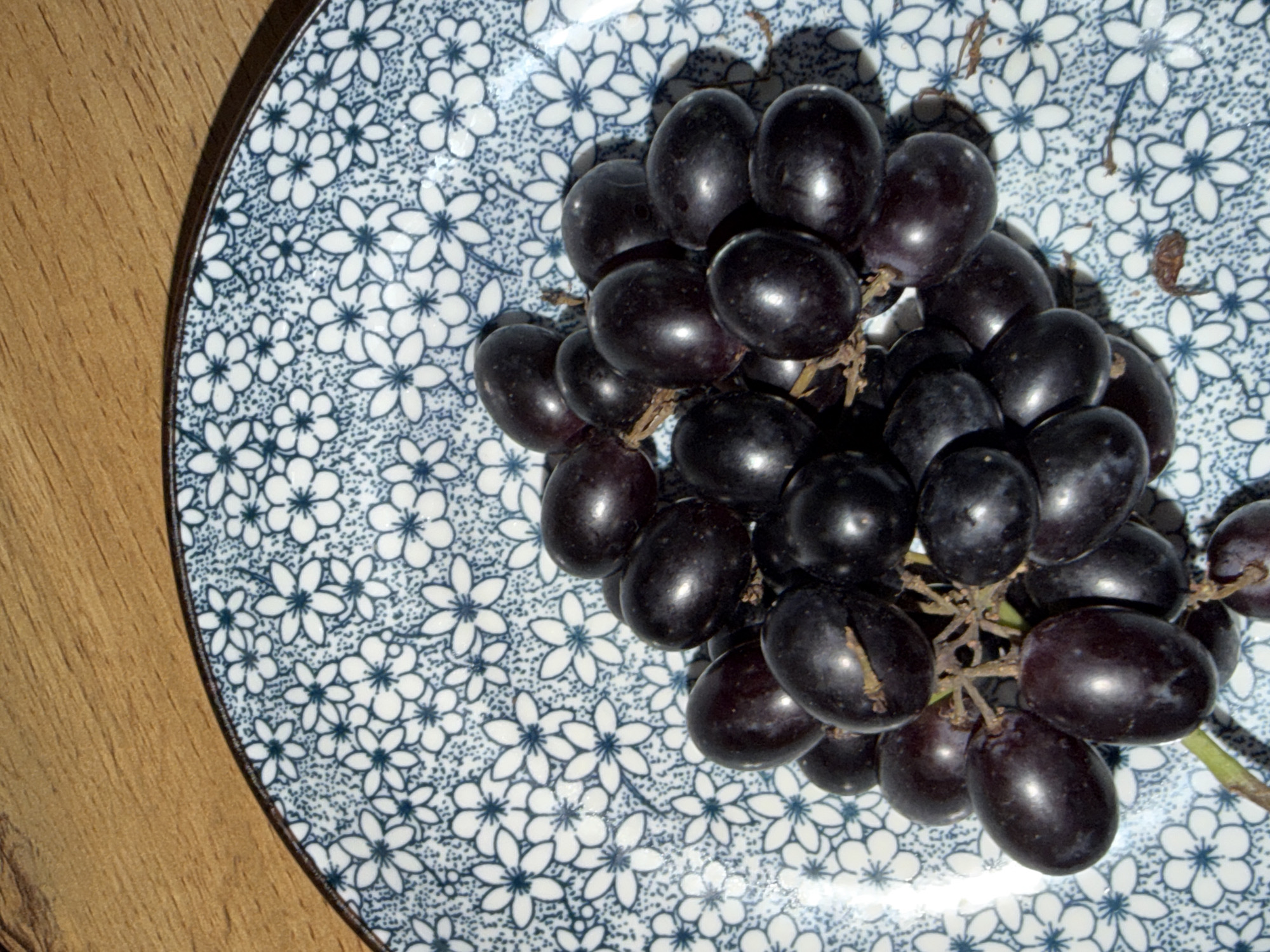 A cluster of dark purple grapes is displayed on a blue and white floral patterned plate. The plate is set on a wooden surface. The lighting suggests the scene is outdoors or near a window, casting shadows from the grapes onto the plate. The image is a close-up, focusing on the texture and sheen of the grapes and the intricate design of the plate. The grapes are plump and appear ripe, with some stems still attached. A small dried leaf or piece of debris is visible on the plate's surface. The overall impression is one of freshness and natural beauty.
