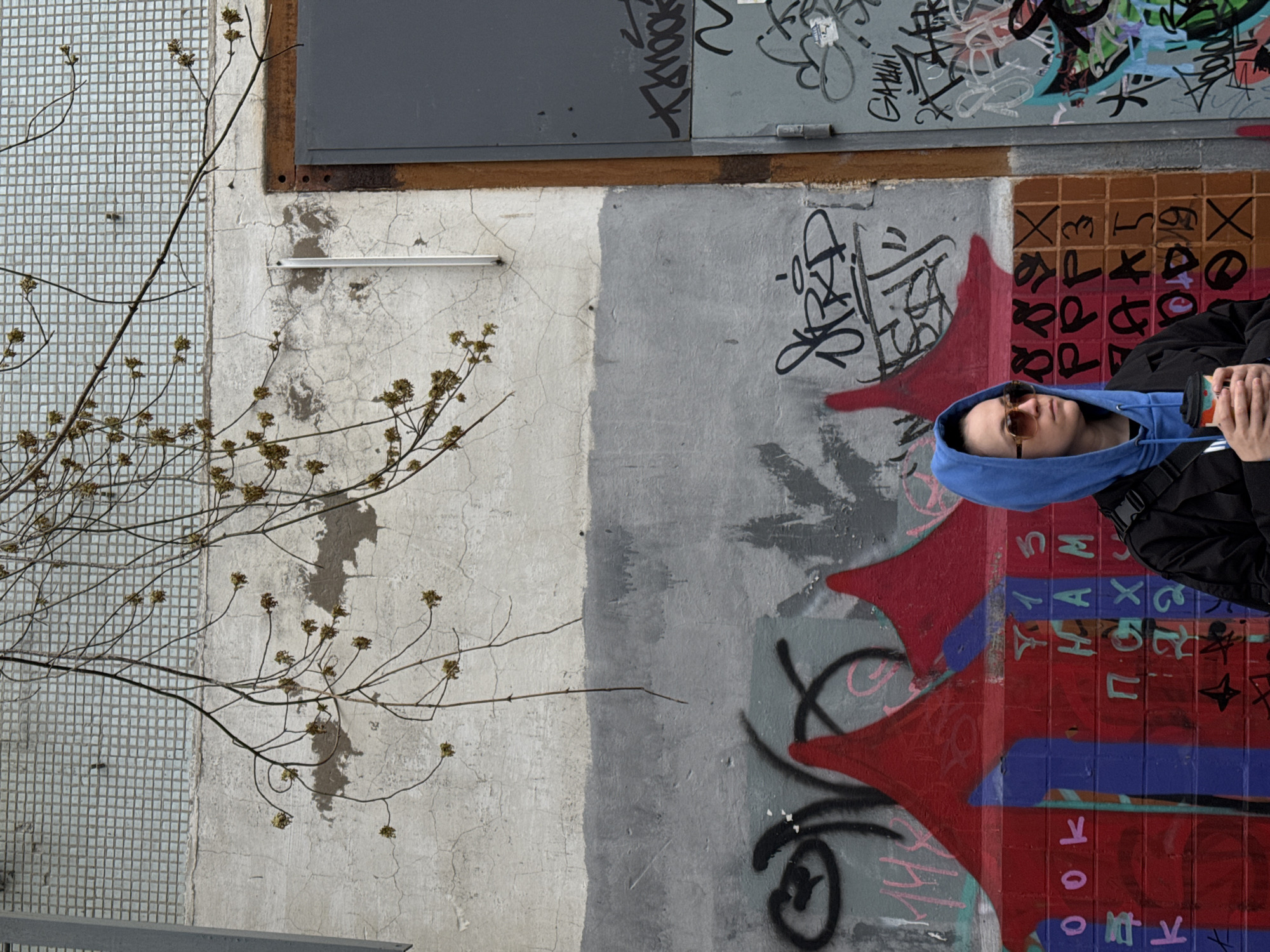 The image shows a man in a blue hoodie and sunglasses holding a cup. He stands against a wall covered in graffiti, including red, black, and blue lettering. The wall is a mix of tiled and painted surfaces. To the left of the wall is a bare tree branch and a tiled wall. The photo was taken in Chaikovsky, Russia.