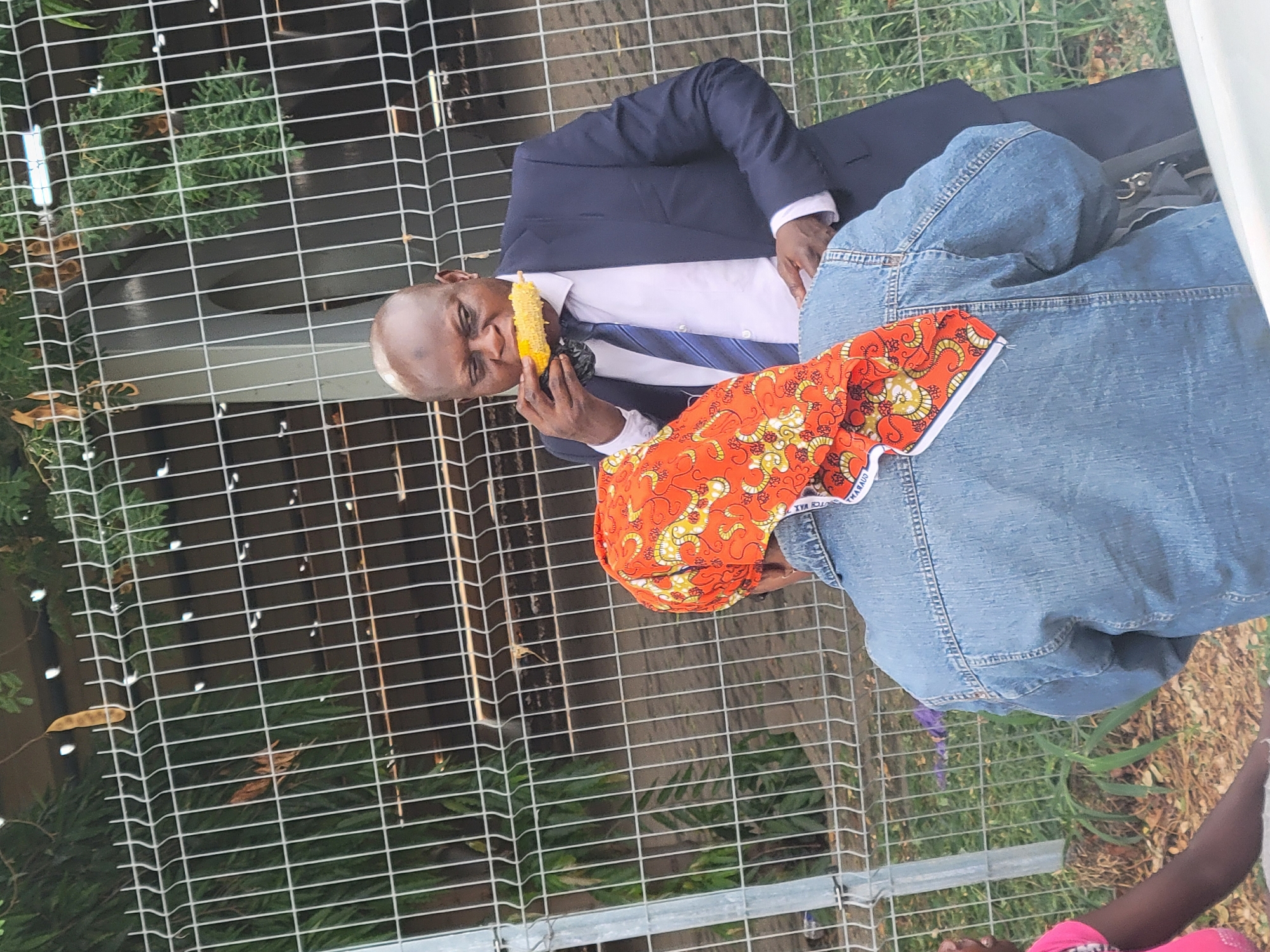 An African man in a dark blue suit, white shirt, and blue tie is holding and eating a corn cob. He has bleached blonde hair and is standing behind a wire fence. A person wearing a blue denim jacket with a red patterned scarf on their head is next to him. A portion of a person wearing pink clothing can be seen in the lower right corner. The location appears to be outdoors, with grass and greenery visible. The scene is situated in Abuja, Nigeria.