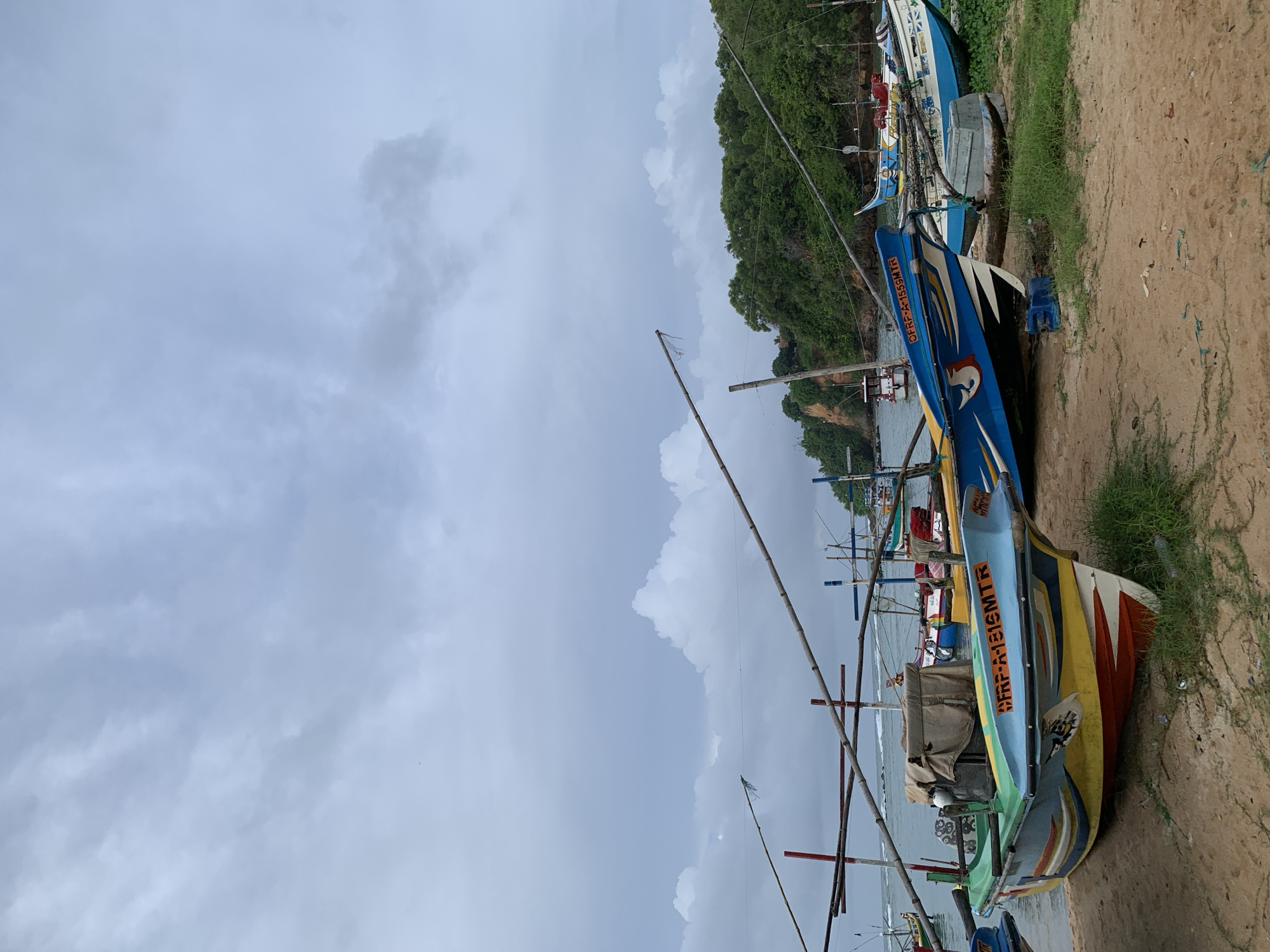 This image depicts a beachfront scene in Mirissa, Sri Lanka, characterized by a fleet of colorful, traditional fishing boats resting on a sandy shore under a cloudy sky. The boats are varied in size and design, with some featuring vibrant paintwork in shades of blue, green, yellow, and red. Many of the boats are adorned with identifying numbers and symbols. Bamboo poles, likely used for the boats' outriggers or as part of a larger structure, are prominent, extending upwards and across the frame. In the background, lush green vegetation covers a hillside, suggesting a coastal landscape. The sea is visible behind the boats, with gentle waves breaking on the shore. The overall atmosphere is one of a working fishing village, with boats pulled ashore, awaiting their next voyage.