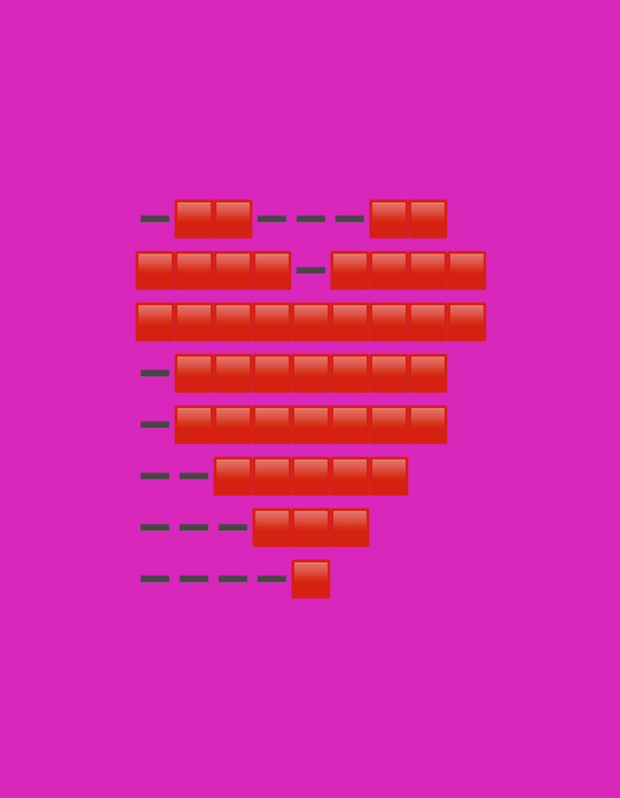 The image displays a graphic illustration of a heart shape, centrally positioned against a solid, vibrant magenta background. The heart is constructed from numerous glossy, bright red, rectangular blocks arranged in horizontal rows of varying lengths.
Starting from the top, the heart begins with two small segments: a pair of red blocks on the upper left and another pair on the upper right, separated by a series of short, dark greyish-purple dashed lines. Below this, the shape widens with longer rows of red blocks, also interspersed with dashed lines on the outer edges and in the center on some rows, mimicking negative space. The rows gradually increase in length towards the middle of the heart, reaching maximum width with rows of eight or nine blocks, before tapering down again towards the bottom. The lowest part of the heart is formed by a single red block.
The red blocks have a reflective, almost jelly-like appearance, suggesting a digital or emoji-style graphic. The dark greyish-purple dashed lines serve as filler elements, completing the overall heart outline and providing structural visual support. No specific activity or event is depicted, as it is a static graphic. There is no visible text. The image does not contain any discernible location cues or indicators of time or weather.