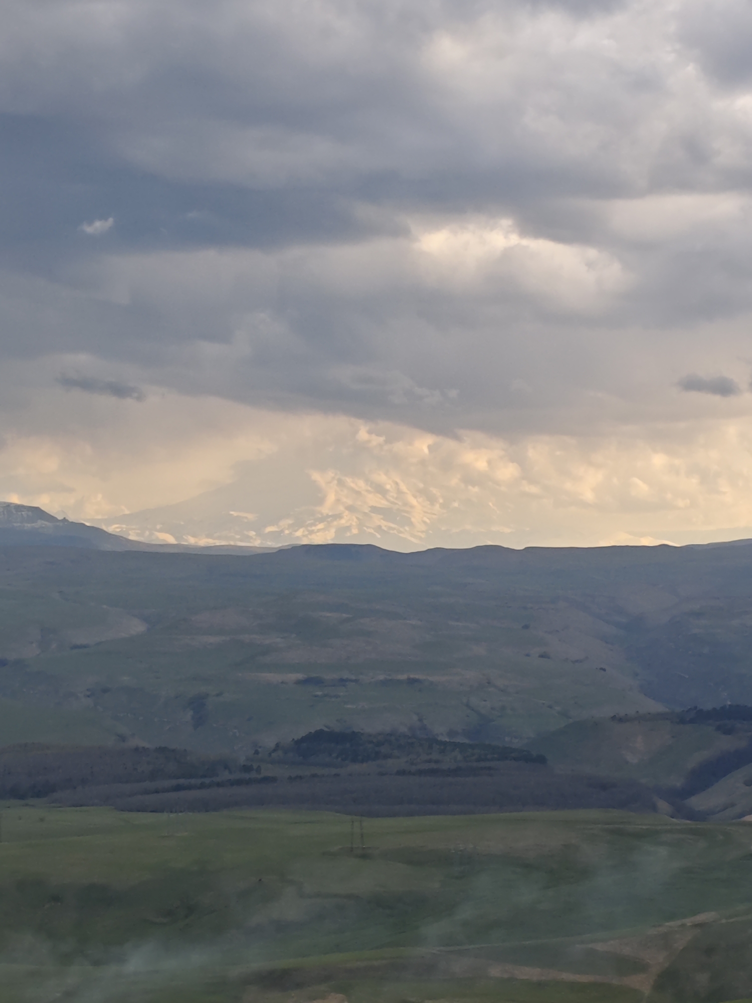 The image depicts a landscape scene in an unknown location. In the foreground, there are green and brown hills or fields with indistinct details, possibly due to mist or atmospheric effects. A thin line of dark trees is visible in the mid-ground. Beyond the hills are more distant, hazy mountains. In the background, snow-capped mountains are partially obscured by heavy, dramatic clouds in a gray and white sky. The overall scene suggests a remote, natural environment.