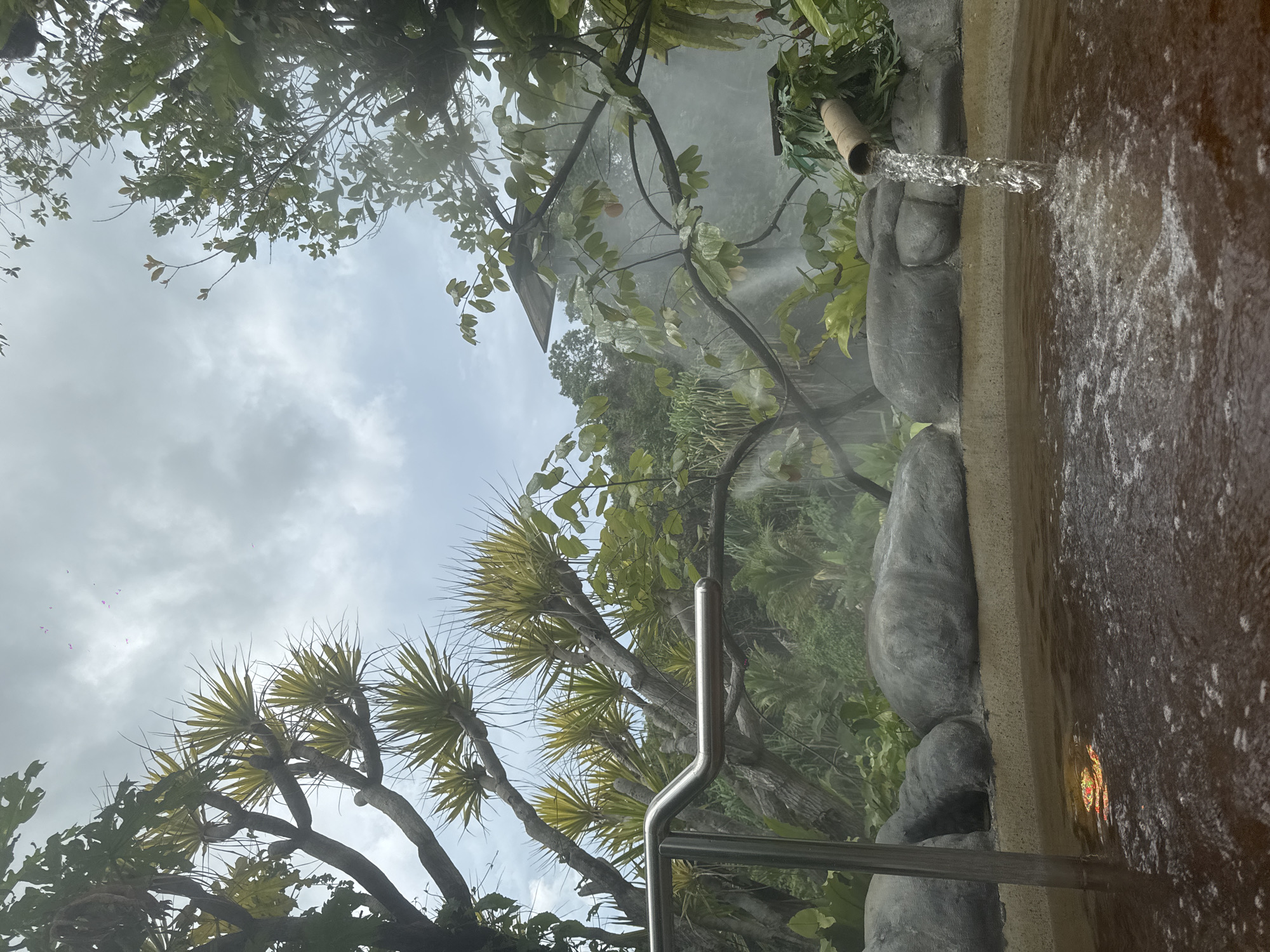 The image shows a hot spring in Ban Khlong Khian, Thailand. Water flows from a bamboo pipe into a stone-lined pool. Lush vegetation surrounds the pool, including trees with spiky leaves. A metal handrail is visible. Steam rises from the water, creating a misty atmosphere. The sky is cloudy.