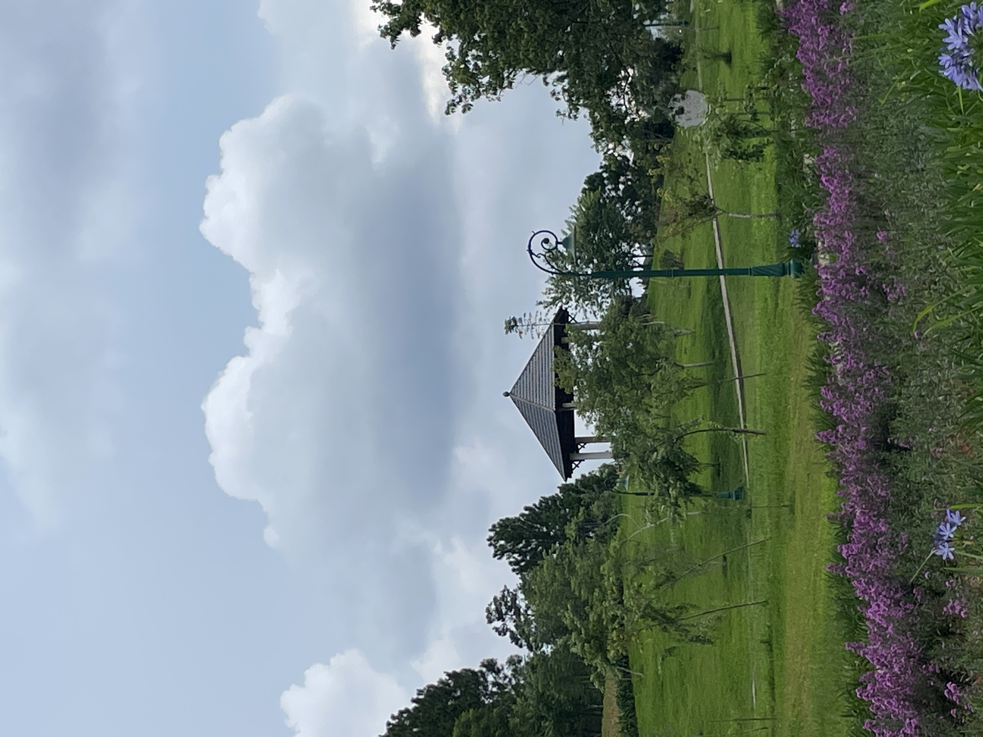 This image depicts a scenic view of a park in Da Lat, Vietnam. The foreground is dominated by a vibrant display of purple flowers, with a few scattered blue flowers adding pops of color. Behind the flowers, a lush green lawn slopes upwards, dotted with young trees. A winding path is visible on the slope, leading towards a traditional-style gazebo with a dark, octagonal roof. The gazebo is situated amidst more greenery, with taller trees framing the scene on the left and right. A decorative green lamppost stands to the right of the gazebo. The sky above is overcast with dramatic, billowing white and gray clouds. The overall impression is one of a serene, well-maintained park on a cloudy day.