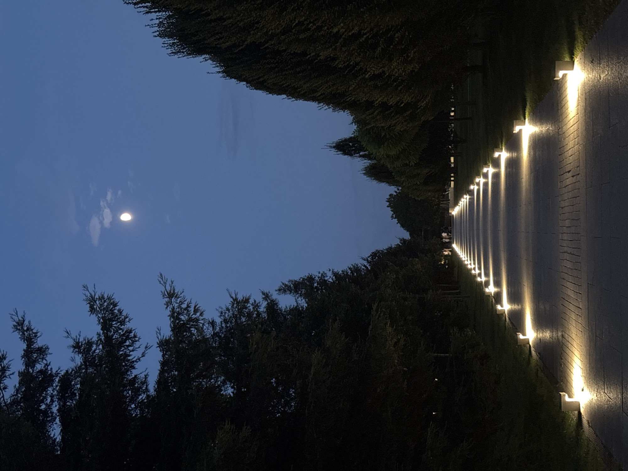 The image depicts a pathway illuminated by evenly spaced, low-lying lights at dusk or night. The pathway is lined with trees on both sides. In the background, the sky is a deep blue, with a crescent moon visible. The overall scene suggests a park or a well-maintained outdoor area. This description does not provide any information about the specific location in Krasnodar, Russia.