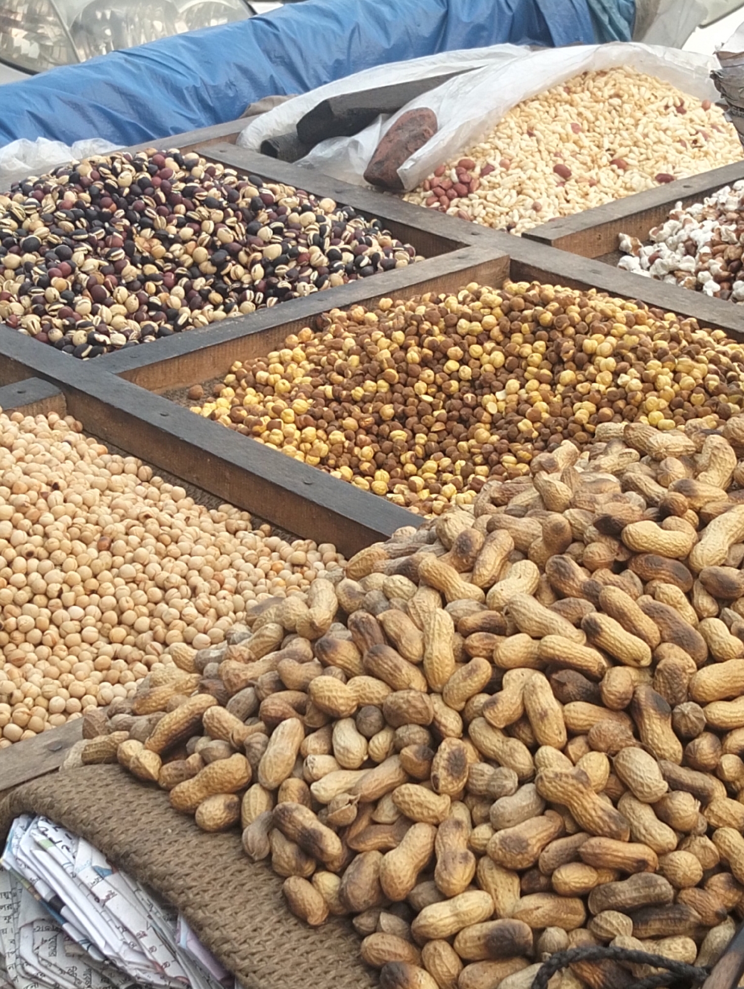The image depicts a vendor's stall in an unknown city. The stall features a wooden frame divided into compartments, each containing a different type of nut or seed. The foreground is dominated by a large pile of peanuts still in their shells. To the left of the peanuts are small, tan-colored seeds. Above the peanuts, in the central part of the frame, are golden-brown seeds. In the upper left compartment, a mix of dark and light colored seeds. The background includes a blue tarp and white plastic bag.