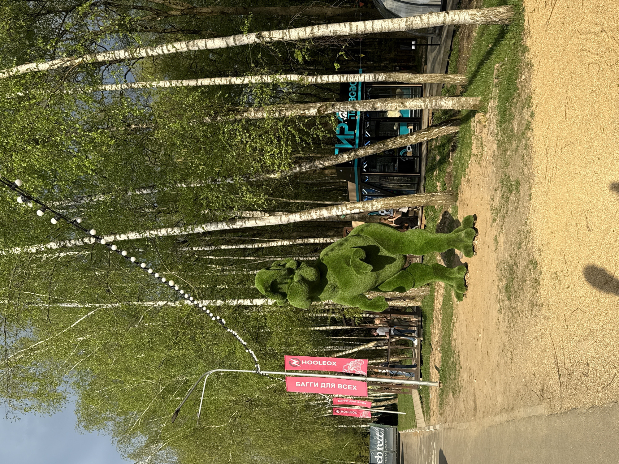 The image shows a park scene in the city of Vnukovo, Russia, featuring a topiary sculpture resembling a person lying down. The sculpture is made of dense green foliage. Rows of birch trees with white bark line the pathway. String lights hang overhead, strung between the trees. Banners with the text "HOOLEOX" and "БАГГИ ДЛЯ ВСЕХ" are visible. In the background is a building. The ground is covered with a combination of dirt, grass, and mulch. The sky is overcast. People are seated near the building.