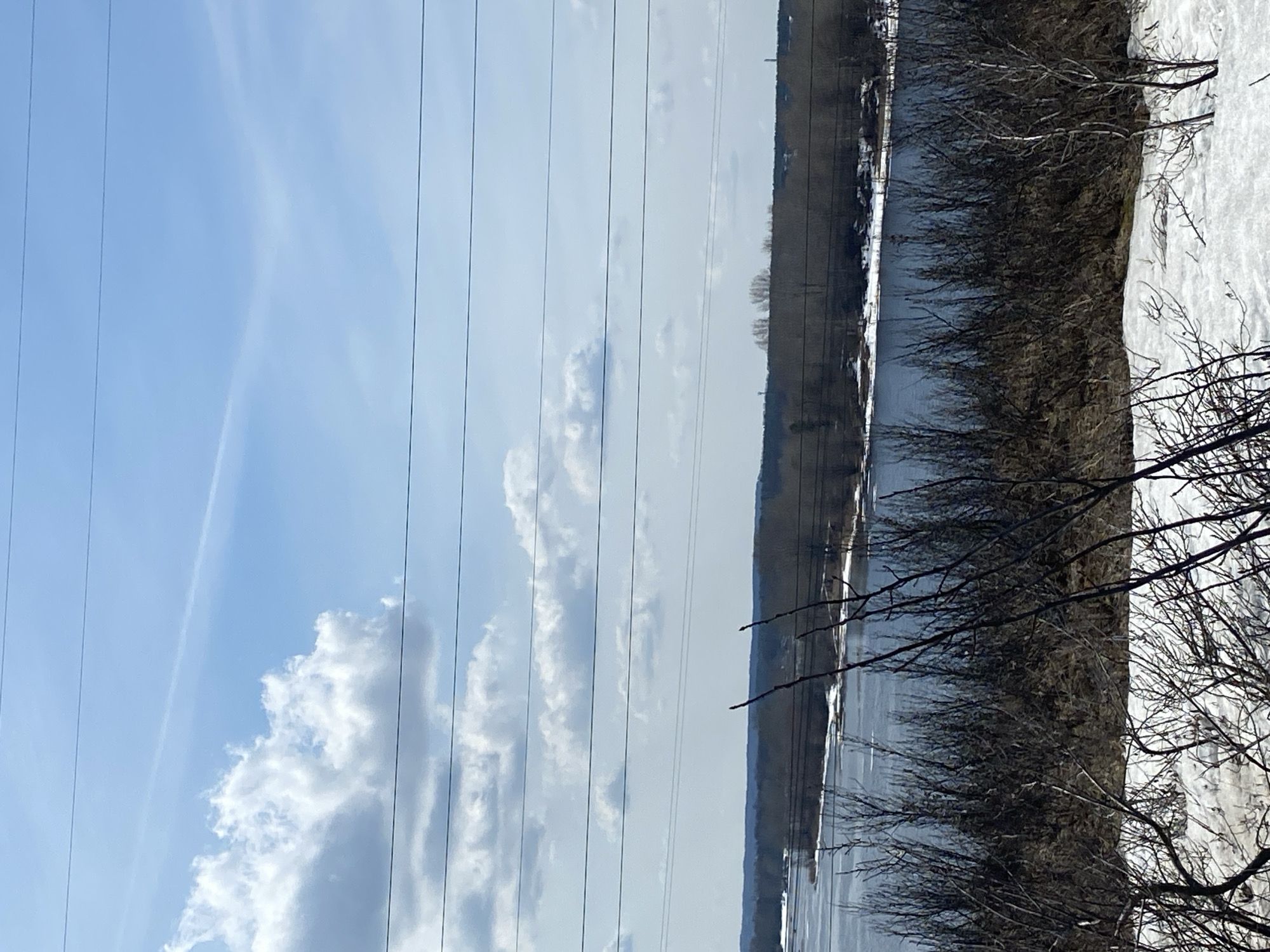 The image depicts a winter landscape in Chaikovsky, Russia. In the foreground, bare branches of trees are visible near the shore covered in snow. In the background, there is a body of water. High-voltage power lines are vertically aligned across the image in the left portion, with the sky, featuring blue patches and scattered clouds, visible through them.