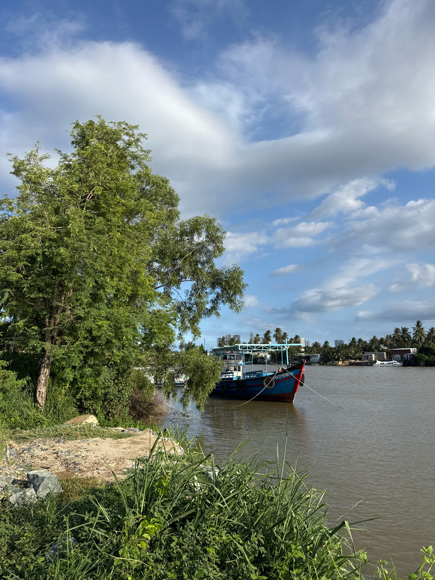 A river scene in Nha Trang, Vietnam, under a partly cloudy sky. On the left, a large tree with dense green foliage stands on the bank. A sandy path with some rocks is visible at its base. The river occupies the center and right of the image, with a blue and red boat moored in the foreground, tethered by ropes. The far bank is lined with palm trees and houses. In the distance, several buildings and a white boat are visible. The water is calm and reflects the sky. The overall impression is one of a tranquil riverside setting on a bright day.