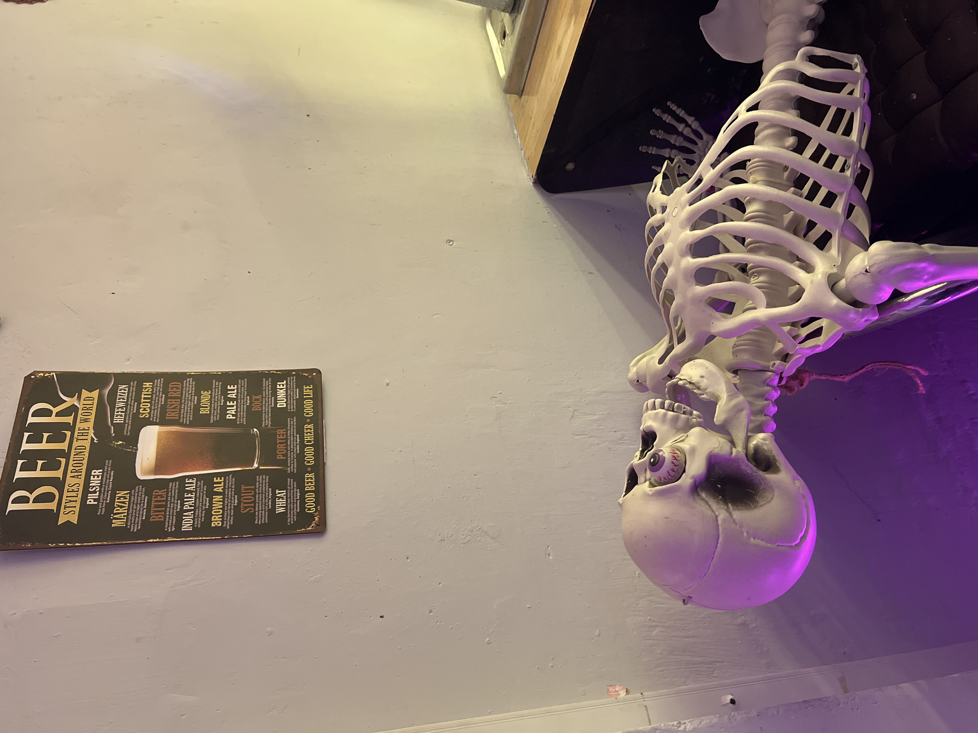 A sign about beer styles is mounted on a light-colored wall next to a hanging plastic skeleton in what appears to be a business. The beer sign is horizontal and has a dark background. The plastic skeleton is hanging upside down and is illuminated by a purple light. It is not possible to identify the exact location in Bắc Nha Trang, Vietnam from the image alone.