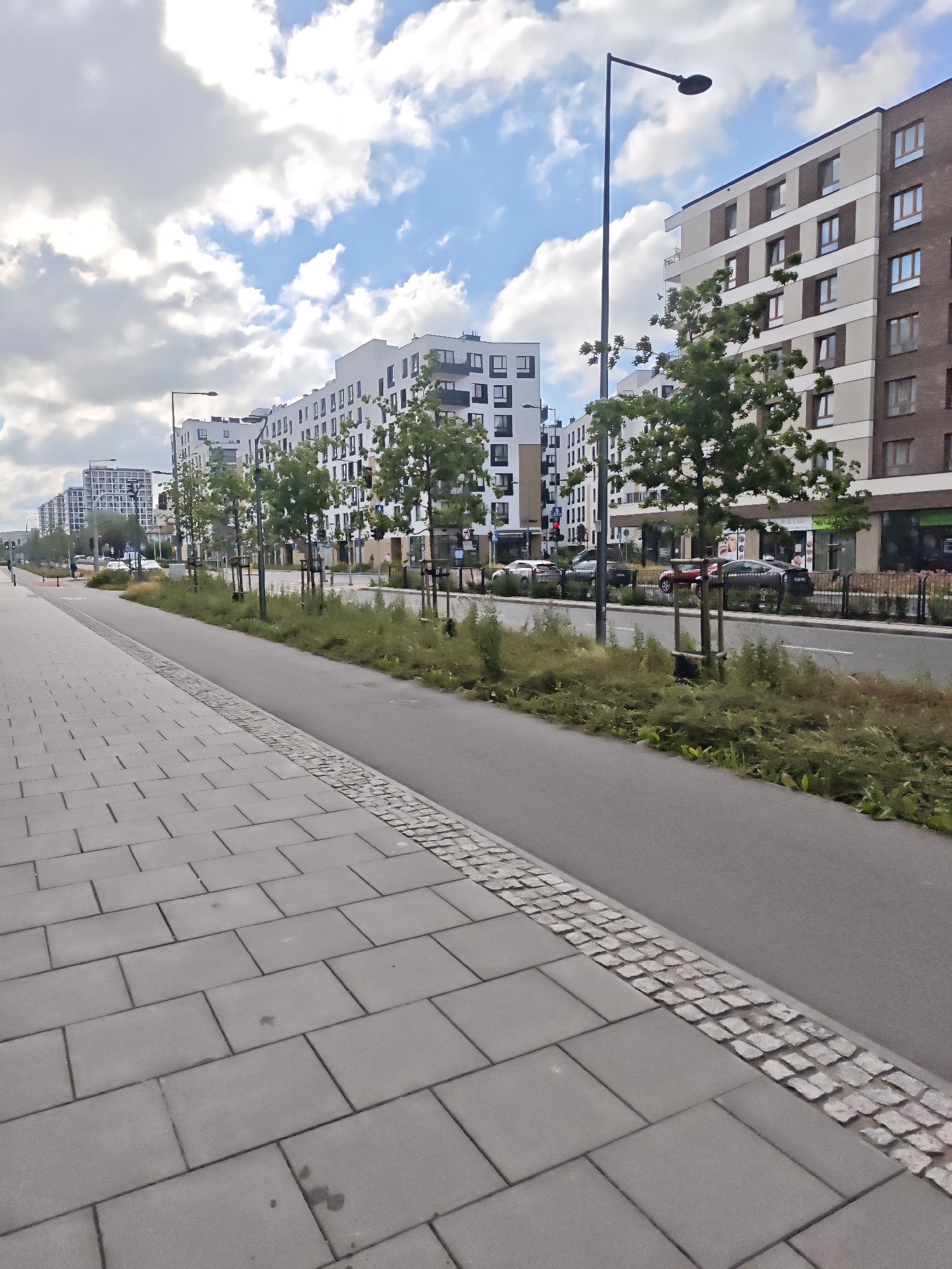 The image shows a modern street scene in an urban environment. In the foreground, there is a wide pedestrian walkway paved with large, rectangular grey tiles. This walkway is bordered by a strip of smaller, rough-hewn cobblestones. Adjacent to the walkway is a paved surface, likely a bike lane or secondary road, with a narrow strip of green grass and vegetation separating it from the main street.
The main street has asphalt paving and is lined with several cars parked along the side. On the far side of the street, a row of modern, multi-story apartment buildings can be seen. These buildings are characterized by their clean lines, white facades, and numerous windows. Some of the buildings have balconies. Trees with green foliage are planted along the street and in front of the buildings. Streetlights are visible along the sidewalk. The sky is partly cloudy with a mix of white clouds and blue sky. The overall impression is one of a newly developed or redeveloped urban area with a focus on pedestrian and bicycle infrastructure.