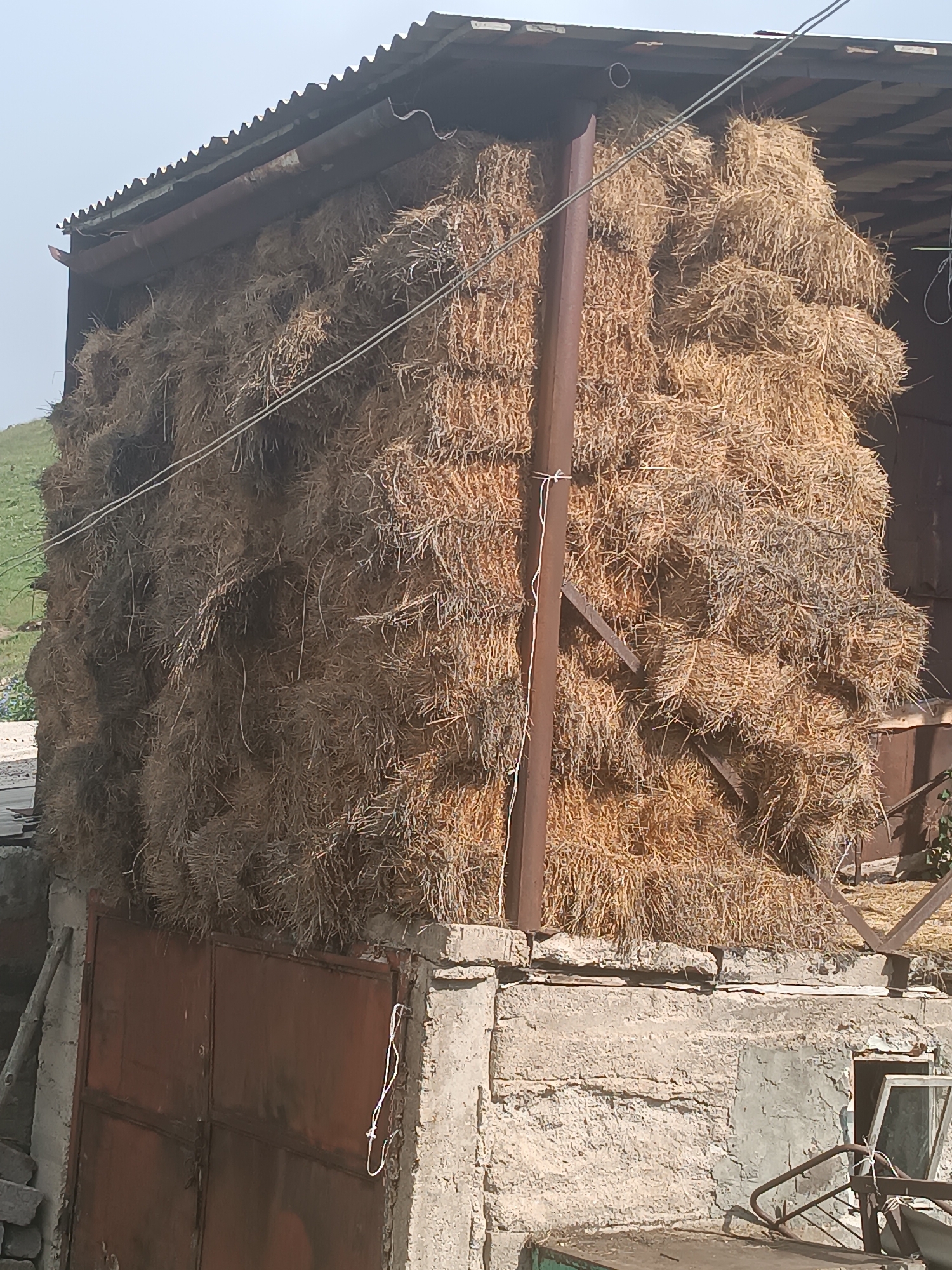The image depicts a large, mounded stack of dried grass or hay, likely stored for animal feed. The stack is situated outdoors, beneath a corrugated metal roof supported by a rusted metal beam structure. A portion of a green, grassy hillside is visible in the background, suggesting a rural or semi-rural setting. In the foreground, there is a concrete foundation with a large, rusted metal door. The scene is consistent with a farm or agricultural storage area, possibly located in the vicinity of Semyonovka, Armenia, given the provided context. There are no people or animals visible in the frame. The overall impression is one of utilitarian agricultural infrastructure.