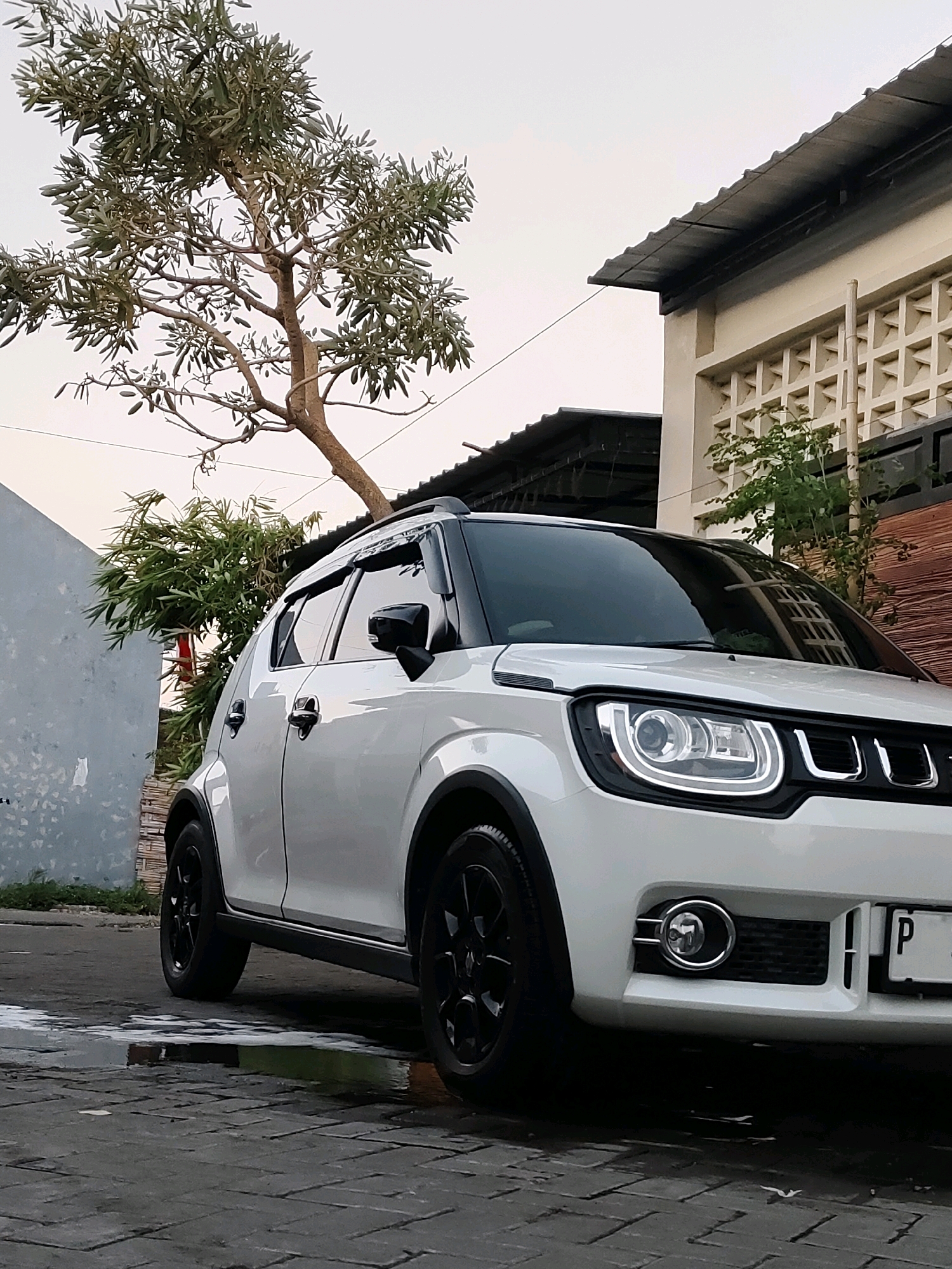A white Suzuki Ignis is parked on a cobblestone driveway in front of a residential building. The car is facing right and is partially obscured by a tree with sparse foliage. The building has a tiled roof and a textured wall with decorative openings. The ground is wet, indicating recent rain. The scene is set during the day, with overcast skies.