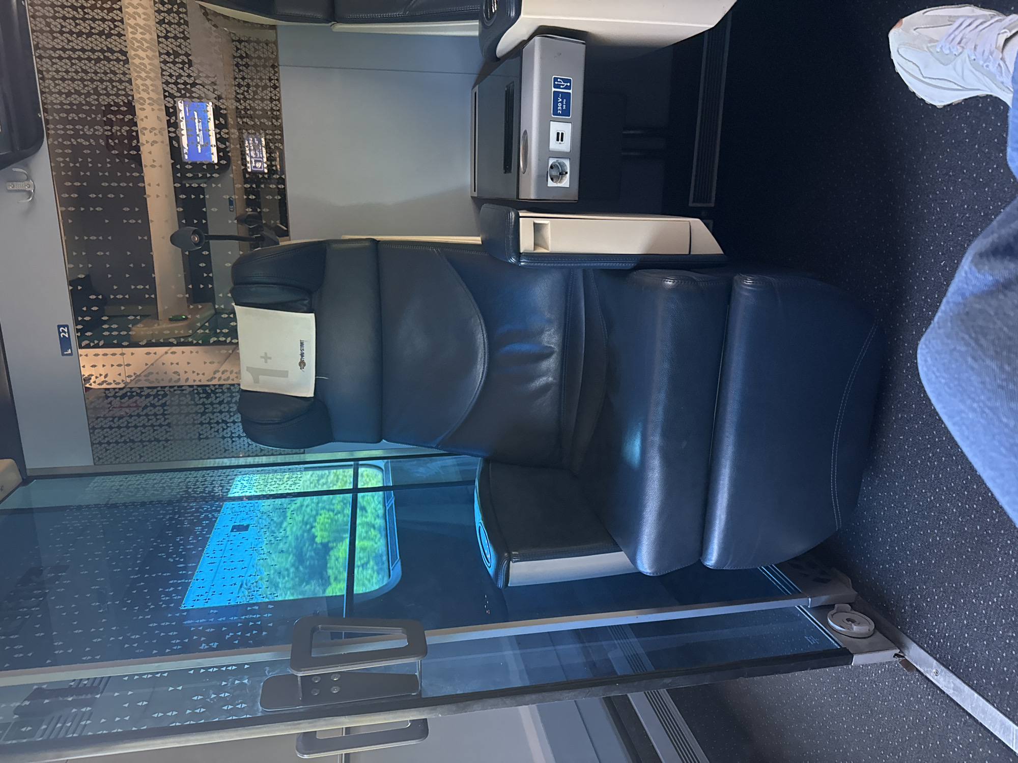 The image shows an interior shot of what appears to be a train car. The main focus is a blue leather passenger seat, with a "1+" designation on a headrest cover. A window to the left of the seat shows a blurred cityscape with green trees visible. The window also has a pattern of white arrows along its surface. A small screen is affixed to the wall near the seat. To the right, a charging station with USB and power outlets is visible next to the seat. The carpet is patterned with black and white dots. A person wearing jeans and white sneakers is partially visible in the upper right corner. No specific location can be identified based on the cityscape.