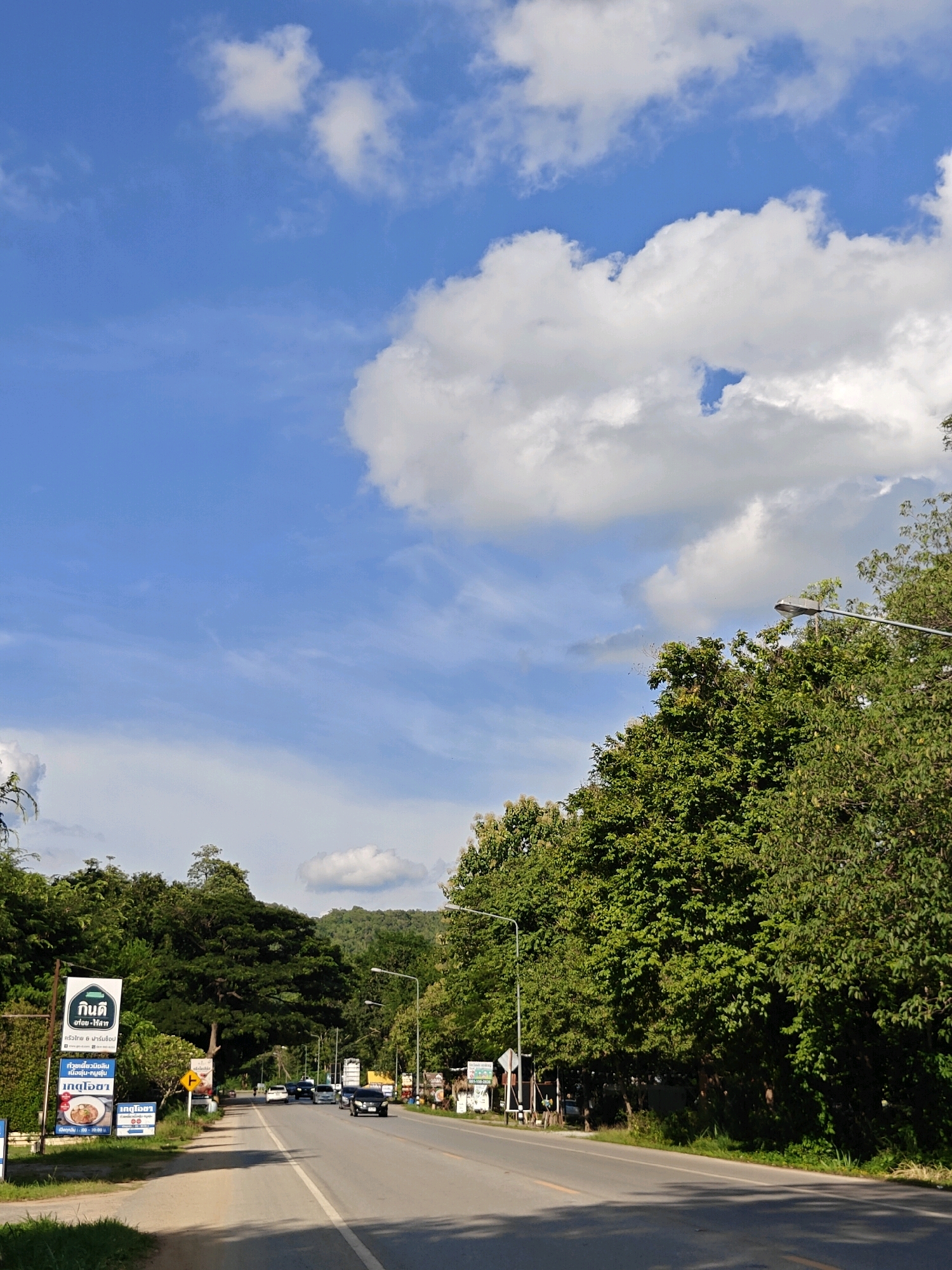 A vertical, eye-level shot captures a highway in Khao Yai, Thailand, bordered by lush green trees. The sky is a bright blue with scattered white clouds. On the left side of the road, several billboards are visible, advertising local businesses and attractions. A single street lamp stands tall on the right side of the road. Cars are driving on the highway, heading into the distance. The scene appears peaceful and serene, with the natural beauty of the environment taking center stage.