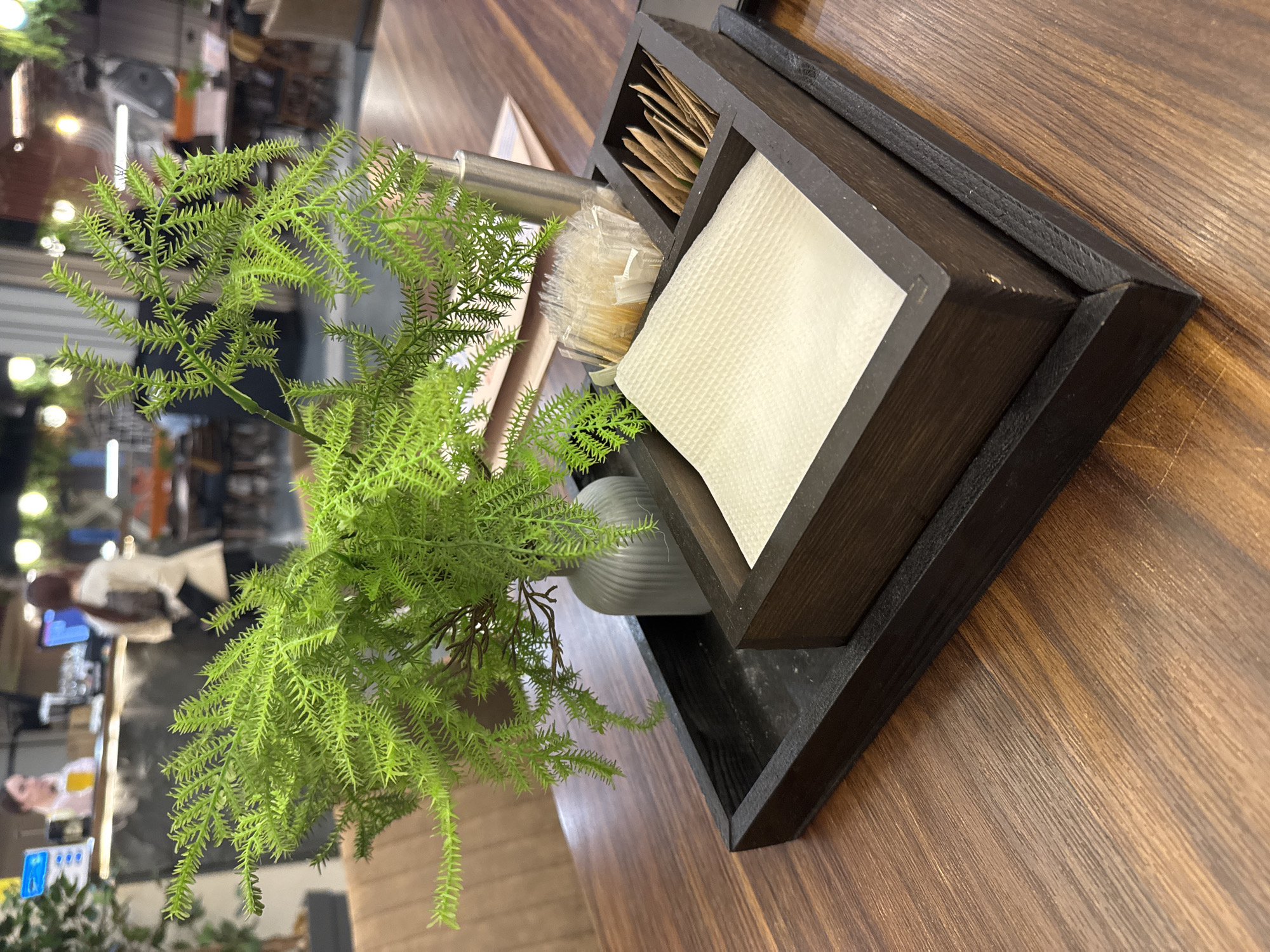 The image shows a table setting in what appears to be a café or restaurant. Dominating the foreground is a wooden condiment holder. This holder contains packets of sugar, a bundle of wrapped toothpicks, and a stack of folded white paper napkins. Next to the holder is a small glass vase containing green artificial foliage, likely ferns. The table itself has a wood-grain surface with a slightly shiny finish. The background provides glimpses into the interior of the establishment. There are people seated in the distance, and the area seems to be illuminated by artificial light.
The location is Izhevsk, Russia.