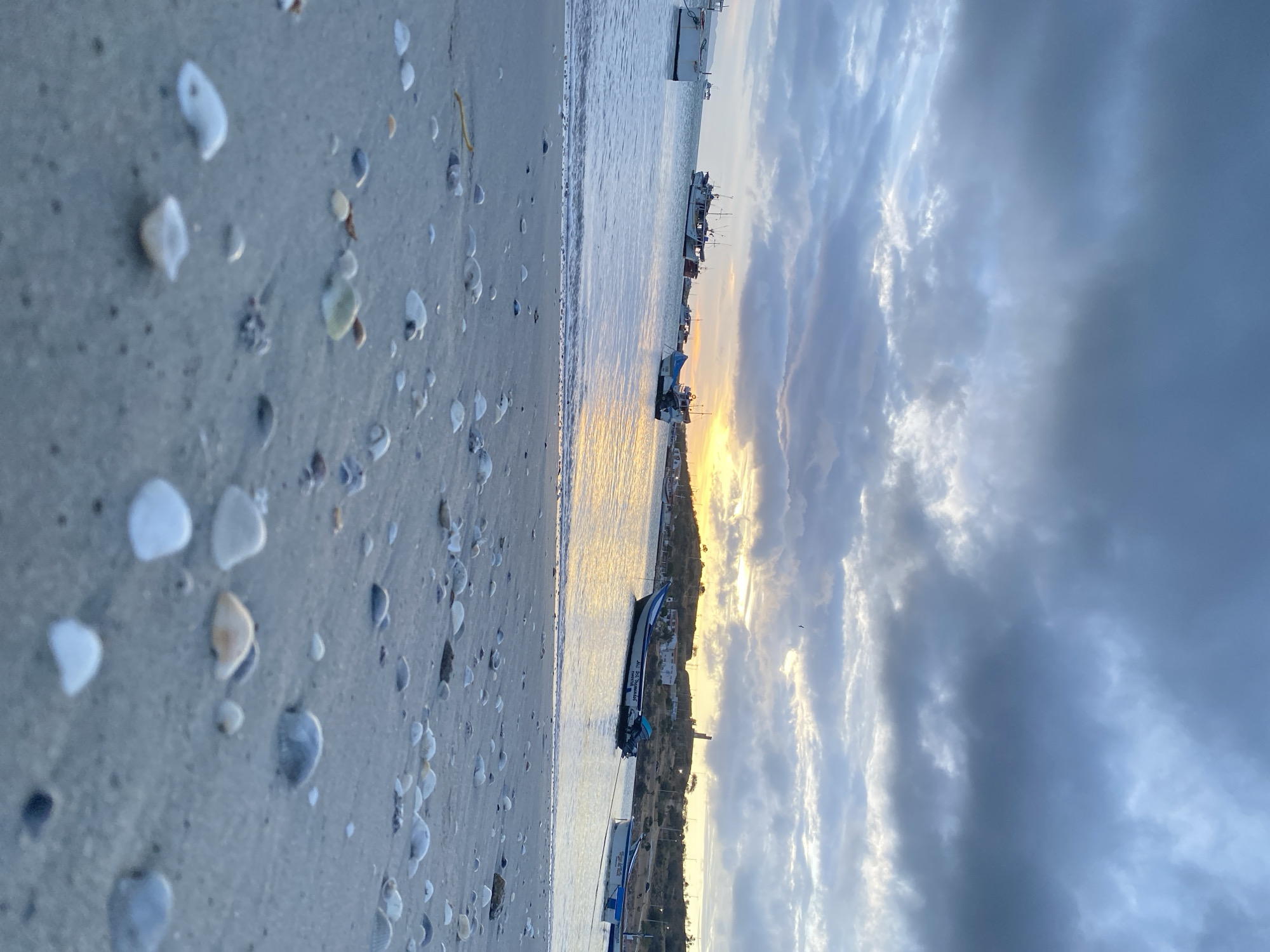 The photograph depicts a beach scene in Juan Griego, Venezuela. The foreground shows a sandy beach covered with numerous small seashells. The background features the ocean, with several boats visible in the water. Beyond the boats, a section of the coastline is visible, suggesting a town or harbor. The sky is filled with clouds, with a hint of sunset light peeking through.
