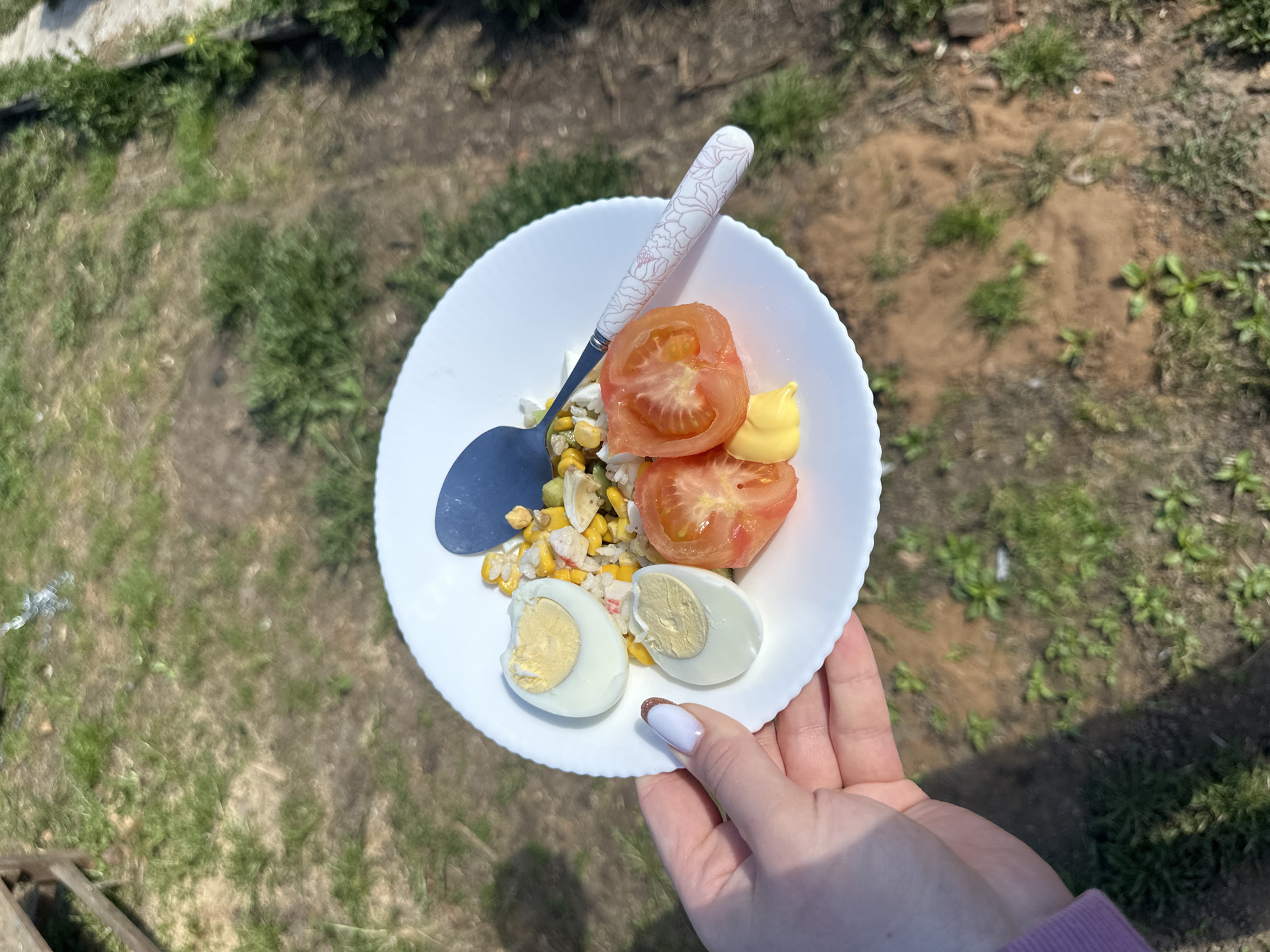 A person is holding a white plate containing sliced tomatoes, boiled eggs, corn, imitation crab meat, and a dollop of mayonnaise. A spoon with a white handle and floral design rests on the plate. The person has manicured nails with white polish. The background is a grassy area with patches of dirt, suggesting an outdoor setting. The location is Черёмушки, Russia.