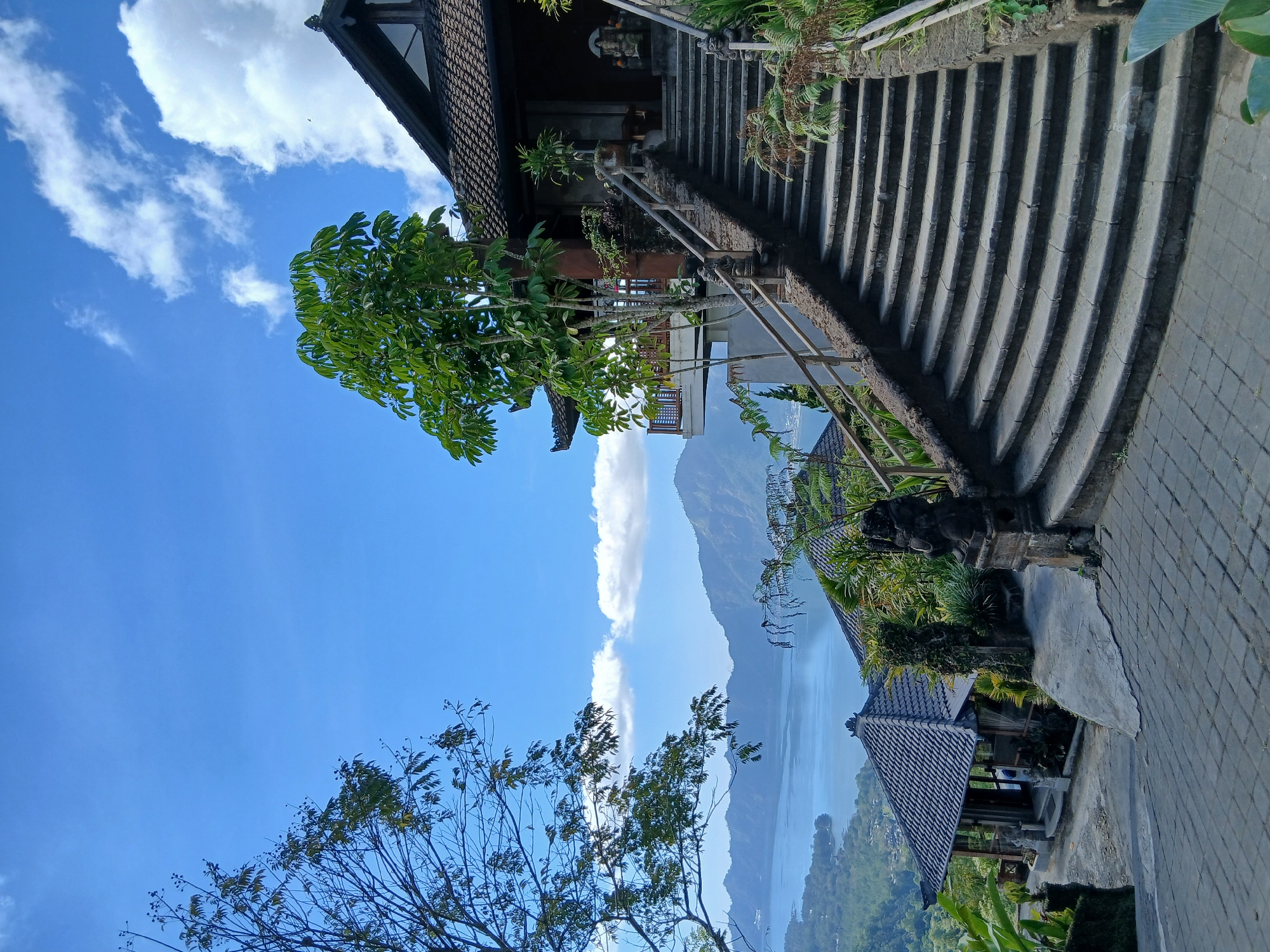This is a photograph taken in Kintamani, Indonesia, showcasing a scenic overlook. In the foreground, a wide, paved walkway curves towards the right, leading up a set of wide, stone steps that ascend to a traditional Balinese building. The building features a dark, tiled roof with ornate eaves, and a balcony overlooks the landscape. To the left of the stairs, there are stone statues. Greenery, including trees and plants, is abundant throughout the scene.
In the background, a large body of water, likely a lake, stretches out, surrounded by lush, green hills and mountains. The sky is a vibrant blue, dotted with fluffy white clouds, and the sunlight suggests it is daytime. The overall impression is one of serene natural beauty combined with architectural elements.