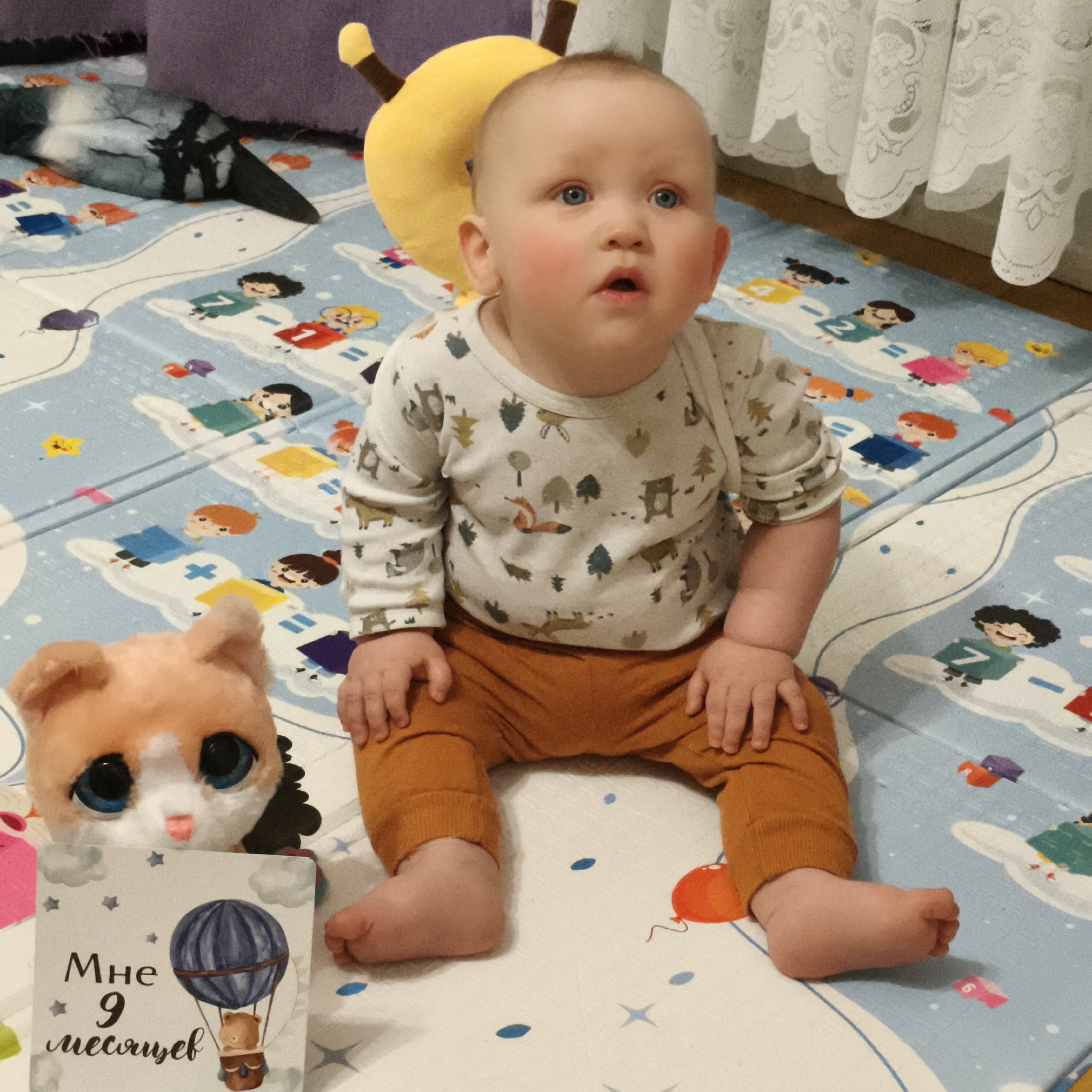 A fair-skinned, blue-eyed baby with a small tuft of hair is sitting on a blue and white patterned play mat. The baby is wearing a light-colored long-sleeved shirt with a pattern of animals and trees, and rust-colored pants. The baby is looking up with a slightly surprised expression.
Around the baby are several soft toys. To the baby's left is a plush orange and white cat toy with large eyes and a card that reads "Мне 9 месяцев" (I am 9 months old) in Russian. Behind the baby is a yellow apple-shaped soft toy. Behind the apple is a gray and black crow-shaped toy.
The play mat is made of interlocking foam tiles and is decorated with images of cartoon figures and balloons. The background includes a purple pillow and a white lace curtain. The location is inferred to be in Chaikovsky, Russia, based on the Russian text on the milestone card.