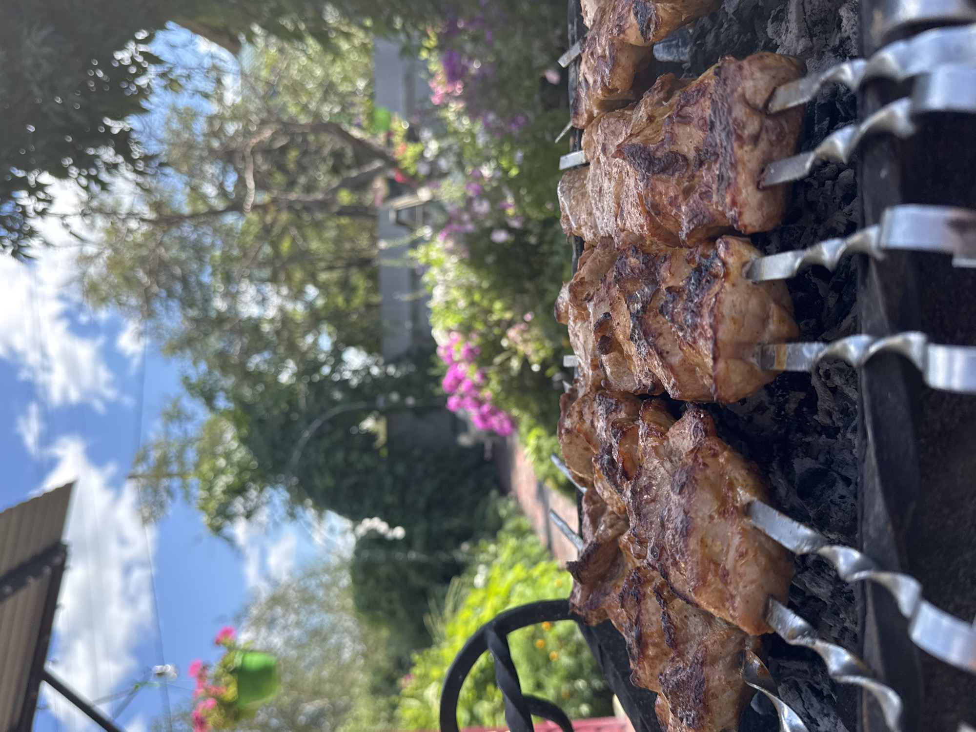 A close-up, eye-level shot showcases multiple skewers of meat grilling over hot coals. The meat is golden brown with some char marks, indicating it's well-cooked. The skewers are made of metal and spiral towards the bottom of the frame. The background is a blur of a lush, green garden with vibrant pink and purple flowers, suggesting an outdoor setting, likely a backyard or patio. The sky above is blue with scattered white clouds, and a portion of a roof structure is visible in the upper left corner. There are no people visible in the image. This scene is consistent with a barbecue in a private residence in Prokopyevsk, Russia, during the warmer months.