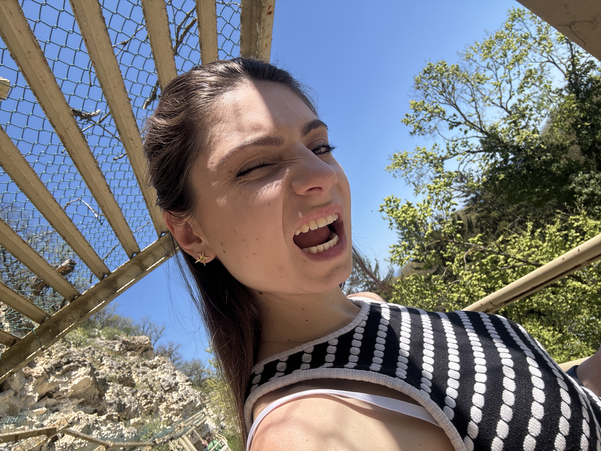 A woman with brown hair and a black and white striped top is smiling and squinting at the camera. She is wearing a star-shaped earring in her left ear. The background consists of a light brown metal fence, blue sky, trees, and rocky terrain. The location appears to be outdoors, possibly on a hiking trail or elevated structure. The city is unknown.
