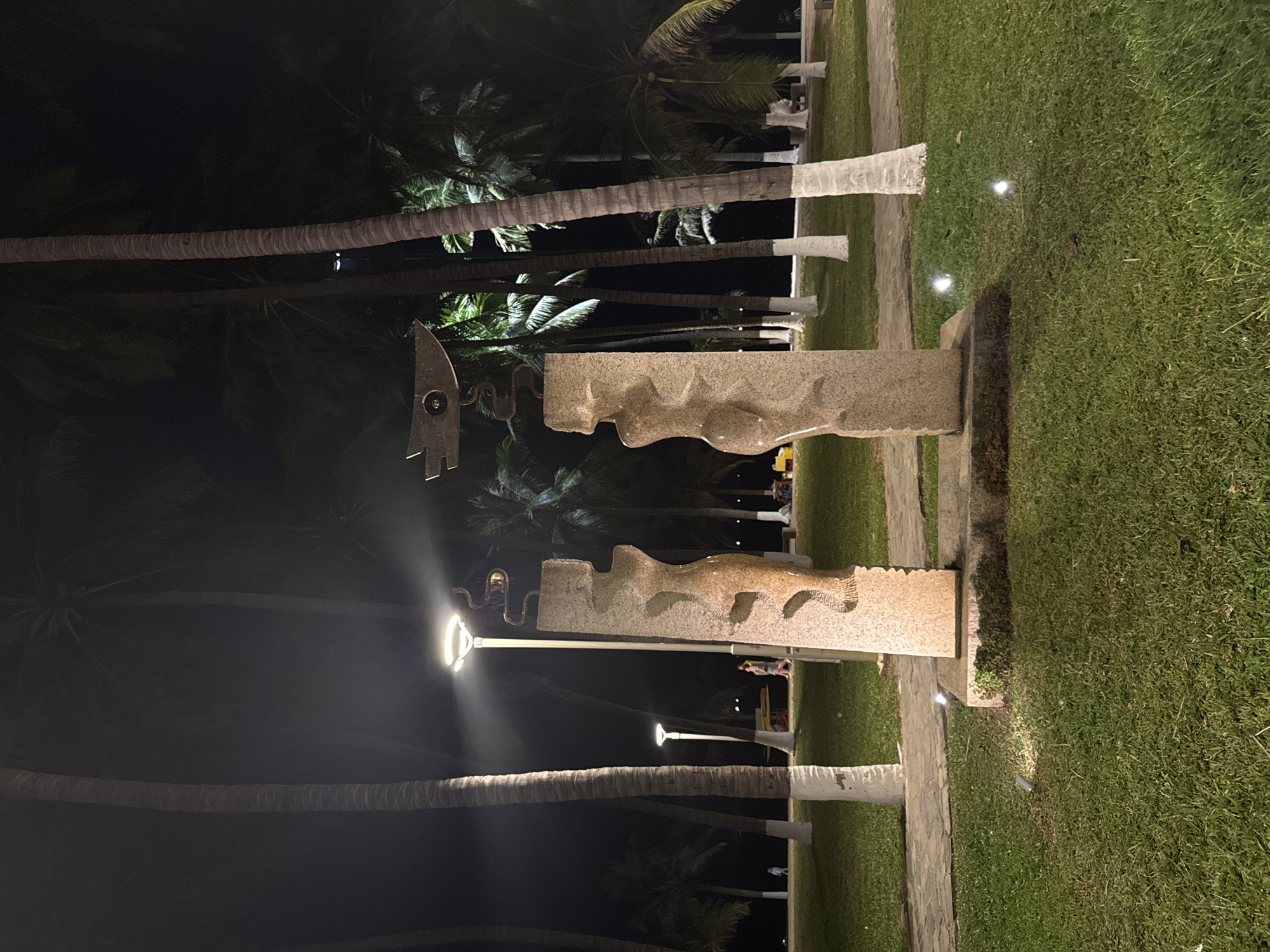The image depicts a nighttime scene in Nha Trang Ward, Vietnam, featuring a park with palm trees and a modern art sculpture. The sculpture is composed of two horizontal, stone-like blocks with carved wave-like patterns. A metallic, abstract element with a circular detail is affixed to one block.
A street light illuminates the sculpture and the immediate vicinity. Palm trees line the area, and their trunks are wrapped in white material at the bottom. The ground cover is green grass.
In the background, faint lights and figures suggest other people are present in the park, but they are not clearly visible. The scene is generally dark, with artificial lighting highlighting the primary subjects.