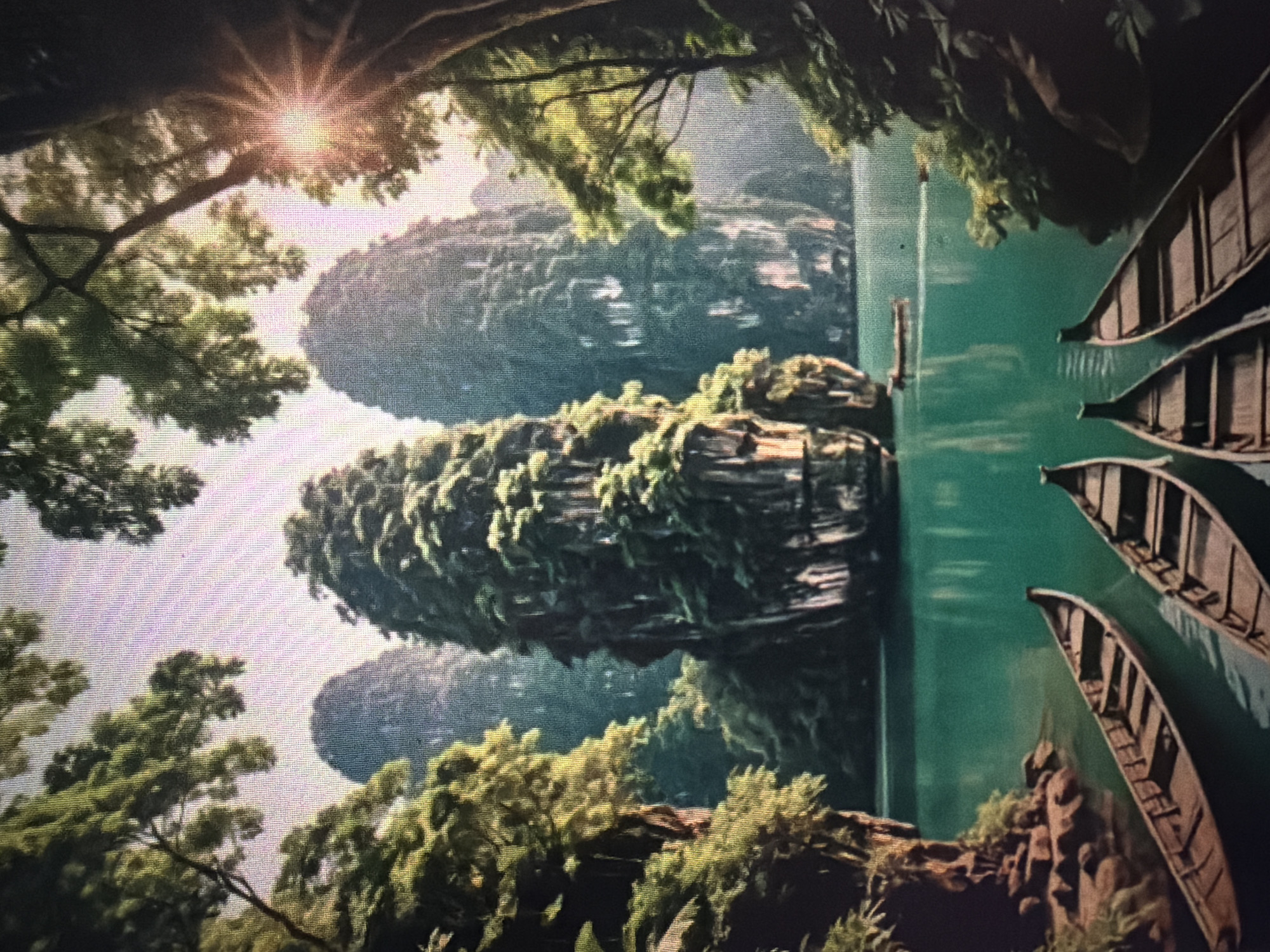 The image depicts a serene natural landscape, likely a karst seascape, with several limestone karsts covered in lush greenery rising from a turquoise body of water. In the foreground, several traditional wooden boats are moored near the shore. The sun is visible through the trees on the right, casting a warm glow on the scene. The environment suggests a tropical or subtropical region. This scene is not located in Baan Mae Nam, Thailand, as Baan Mae Nam is a village known for its pineapple plantations and is not associated with this type of karst topography.
