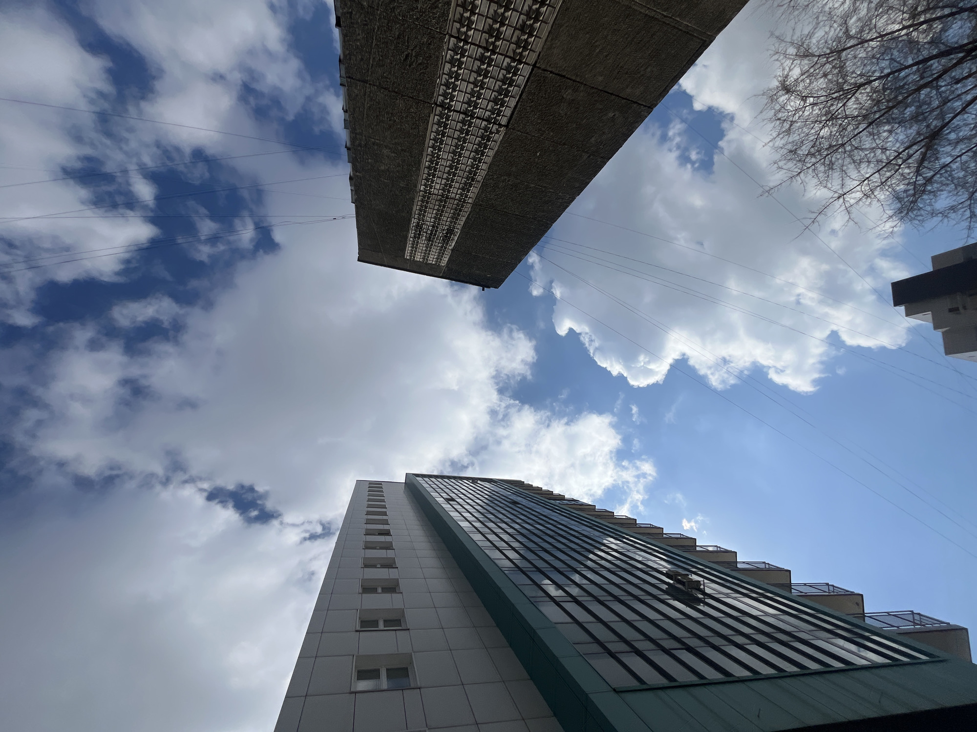 The image presents a low-angle view looking upwards towards a bright, partly cloudy sky, framed by urban architecture and tree branches in Krasnoyarsk, Russia.
Dominating the upper-middle section of the frame is a large, dark, rectangular concrete structure, possibly an overhang or a bridge section, featuring a distinctive, textured grid pattern along its underside. Several thin utility wires stretch across the sky, some seemingly connected to this structure.
In the lower half, a modern high-rise building ascends from the left towards the center-right. Its facade facing the viewer is composed of light-colored panels with numerous rectangular windows. The side angled away features a striking design of dark, reflective glass panels, accompanied by a teal-green section below. Towards its upper reaches, this building exhibits a stepped architectural design with visible balconies or terraces.
In the top-right corner, the intricate silhouette of bare tree branches is visible against the sky, suggesting a cold season. Another less defined building or structure is partially visible in the far top-right. The sky transitions from a deep blue where clear to a lighter white where clouds are scattered.
The scene captures a daytime moment under bright, partly cloudy conditions, without any discernible human activity or visible text. The perspective emphasizes the towering scale of the urban environment.