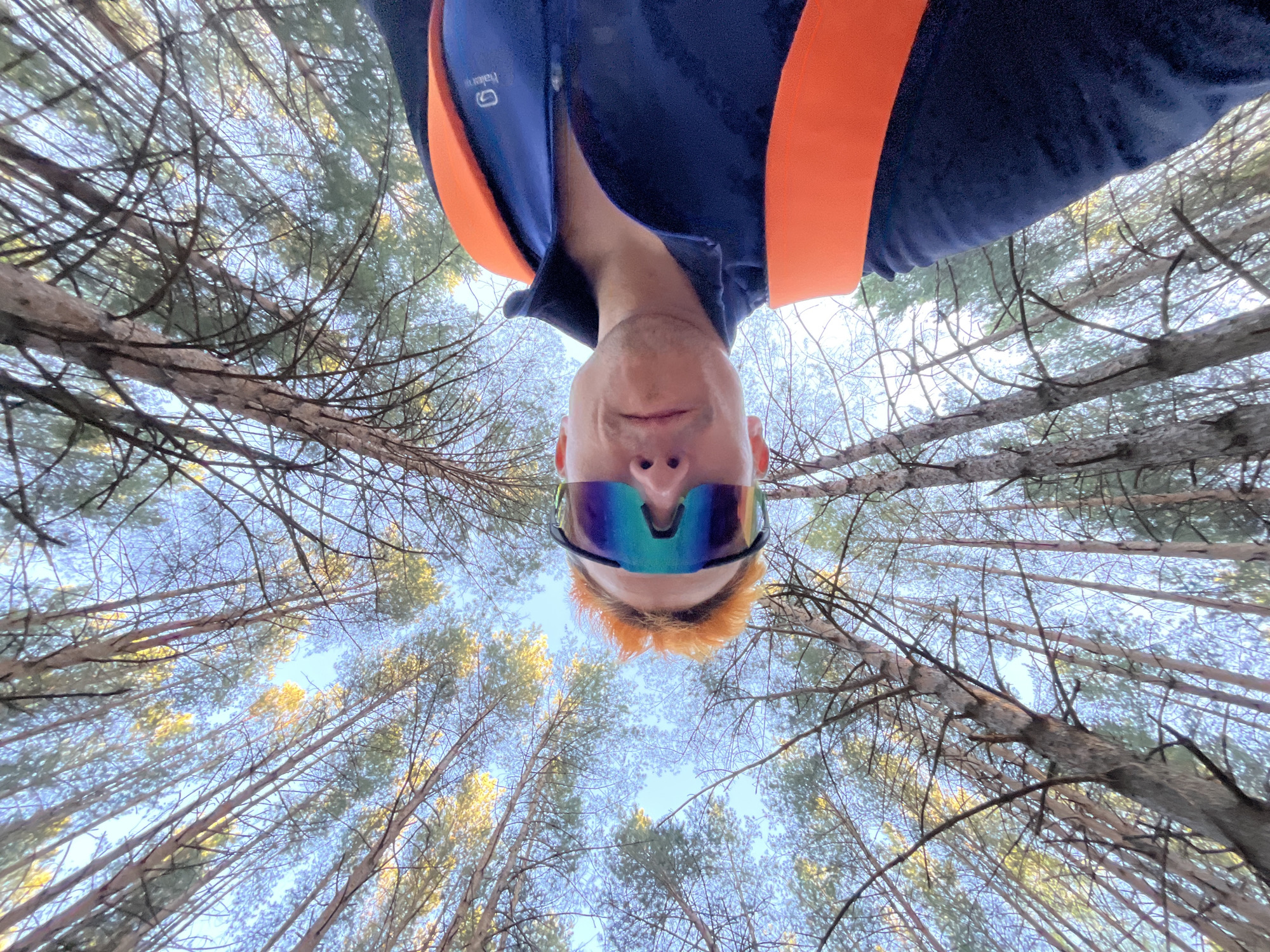 A low-angle, upside-down selfie shows a fair-skinned man with reddish hair wearing mirrored sunglasses, a navy blue zippered jacket, and orange straps over his shoulders. The man’s face is centered in the frame and appears slightly distorted due to the wide-angle lens. The background consists of tall, slender trees with bare branches at the bottom and evergreen foliage at the top, reaching toward a pale blue sky. The scene is a forest, likely located in Chaikovsky, Russia. The trees form a dense canopy overhead, creating a pattern of branches against the sky.