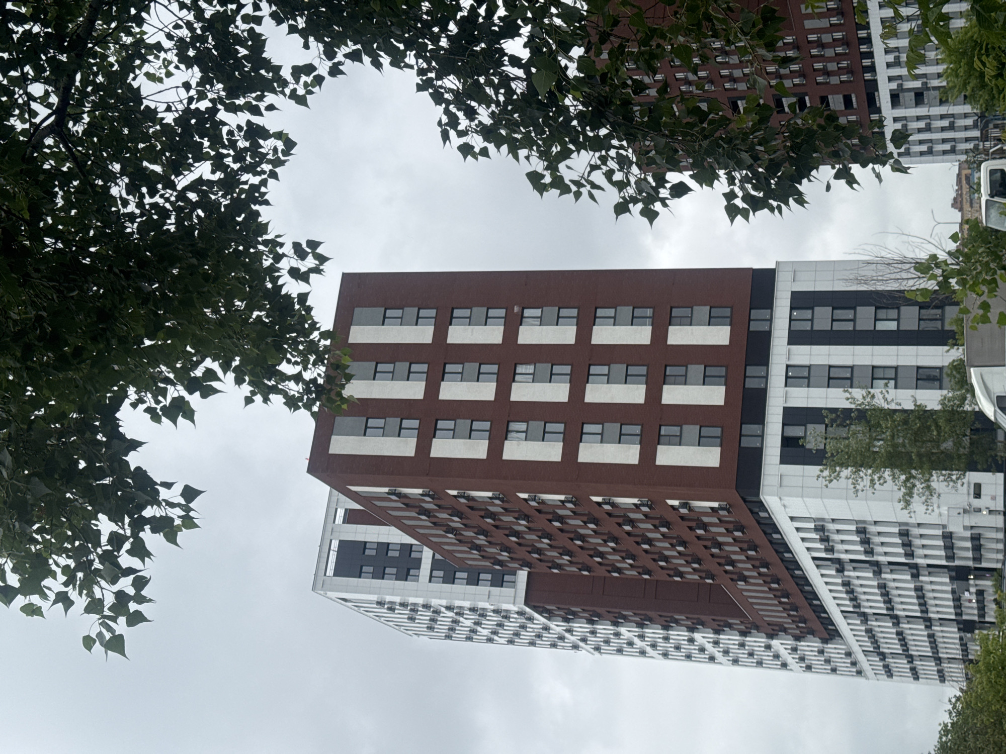 The image shows two modern, high-rise apartment buildings in Nizhny Novgorod, Russia. The building on the left has a white facade with dark windows and black accents, while the building on the right features a reddish-brown facade with white and grey vertical stripes and dark windows. Both buildings have numerous balconies. The sky is overcast. The foreground is partially obscured by the leaves of a tree. In the lower part of the image, parts of white vehicles and green foliage are visible.