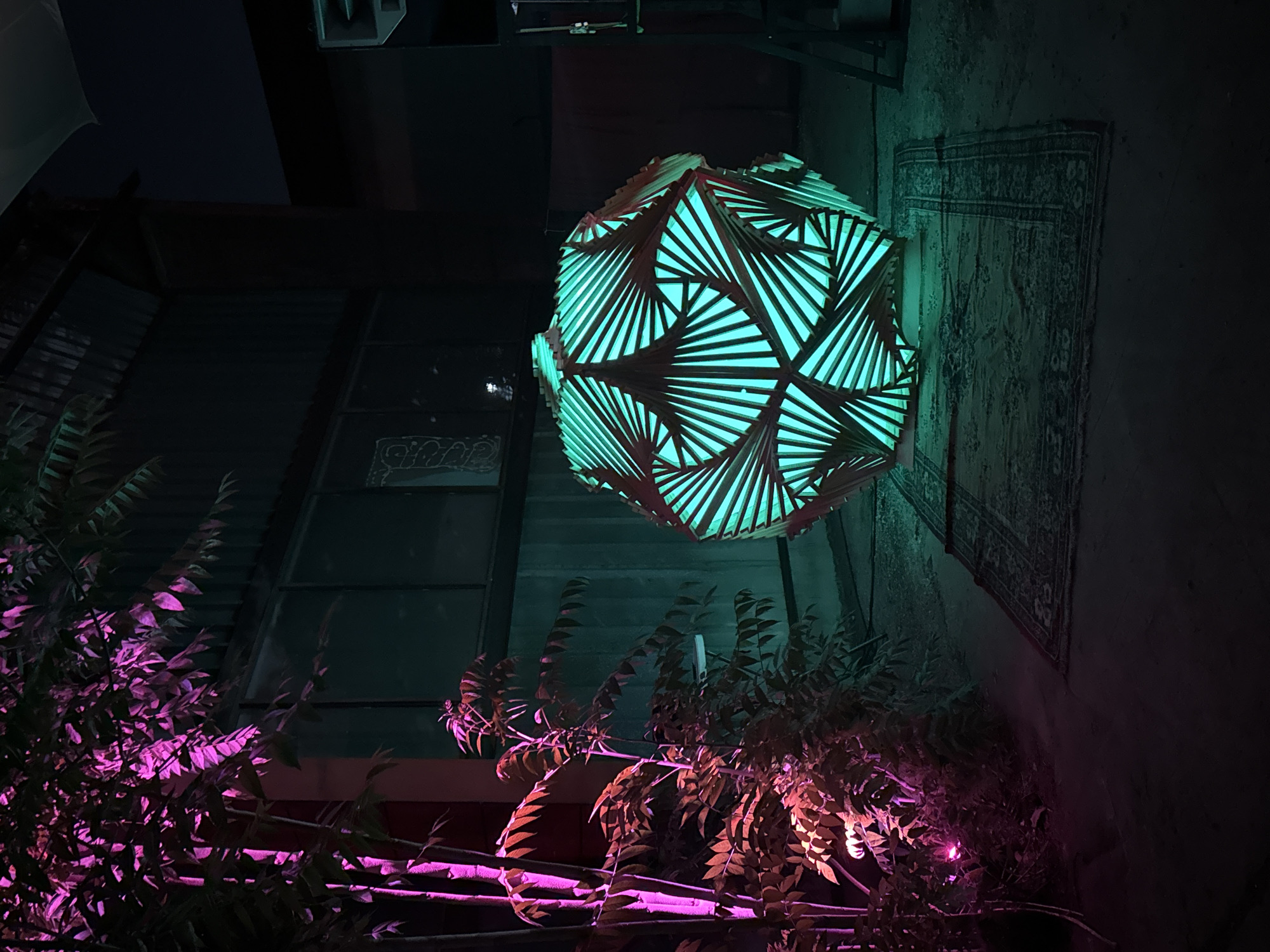 The image depicts an outdoor scene at night, illuminated by artificial lighting. On the left side, a cluster of plants is bathed in vibrant pink and purple light, highlighting their leaves and stems. To the right, a large, spherical object, resembling a geodesic dome or an elaborate lamp, glows with an internal turquoise light. This object is constructed from numerous wooden slats arranged in a radiating pattern, creating a striking visual effect.
The scene appears to be set on a rough, possibly concrete or dirt ground. In front of the glowing object, a patterned rug is laid out. In the background, there is a building with large windows and industrial-looking elements, suggesting an urban or semi-industrial environment. The overall atmosphere is artistic and somewhat mysterious, with the intense colored lights creating dramatic shadows and a surreal ambiance.
While the image is visually rich, there are no explicit details within the visual information that place the scene specifically in Sofia, Bulgaria. The description is limited to the observable elements in the photograph.