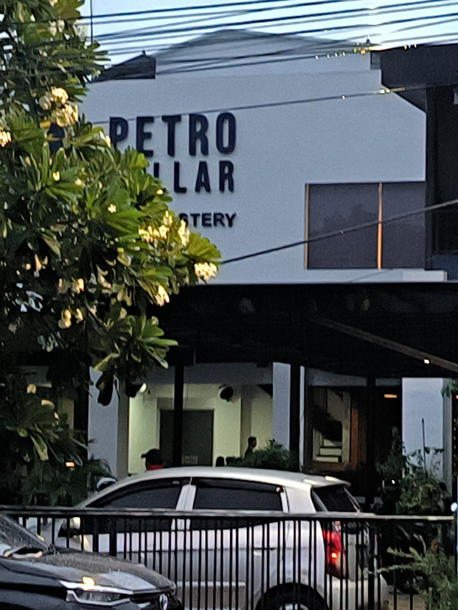 This image captures a street scene in Lhokseumawe, Indonesia, depicting a white commercial building partially obscured by a lush, leafy tree with light-colored blossoms in the foreground. The prominent sign on the building displays the text "PETRO DOLLAR ROASTERY", indicating it is likely a coffee shop or similar establishment.
The lighting suggests either early morning or late afternoon, with a soft, diffused light and a noticeable warm, orange glow emanating from an upper-level window. Several vehicles are visible: a white sedan is parked or moving in the mid-ground, seen from its rear three-quarter view behind a dark metal fence. The front section of another dark car is visible in the lower-left corner.
In the background, through the open ground level of the building, indistinct figures of people can be seen, though no specific activity is clearly discernible. Overhead, multiple power lines stretch across the sky. The scene appears calm, with no specific event taking place beyond the everyday activity of a street and commercial area. The overall setting combines urban elements with natural foliage.