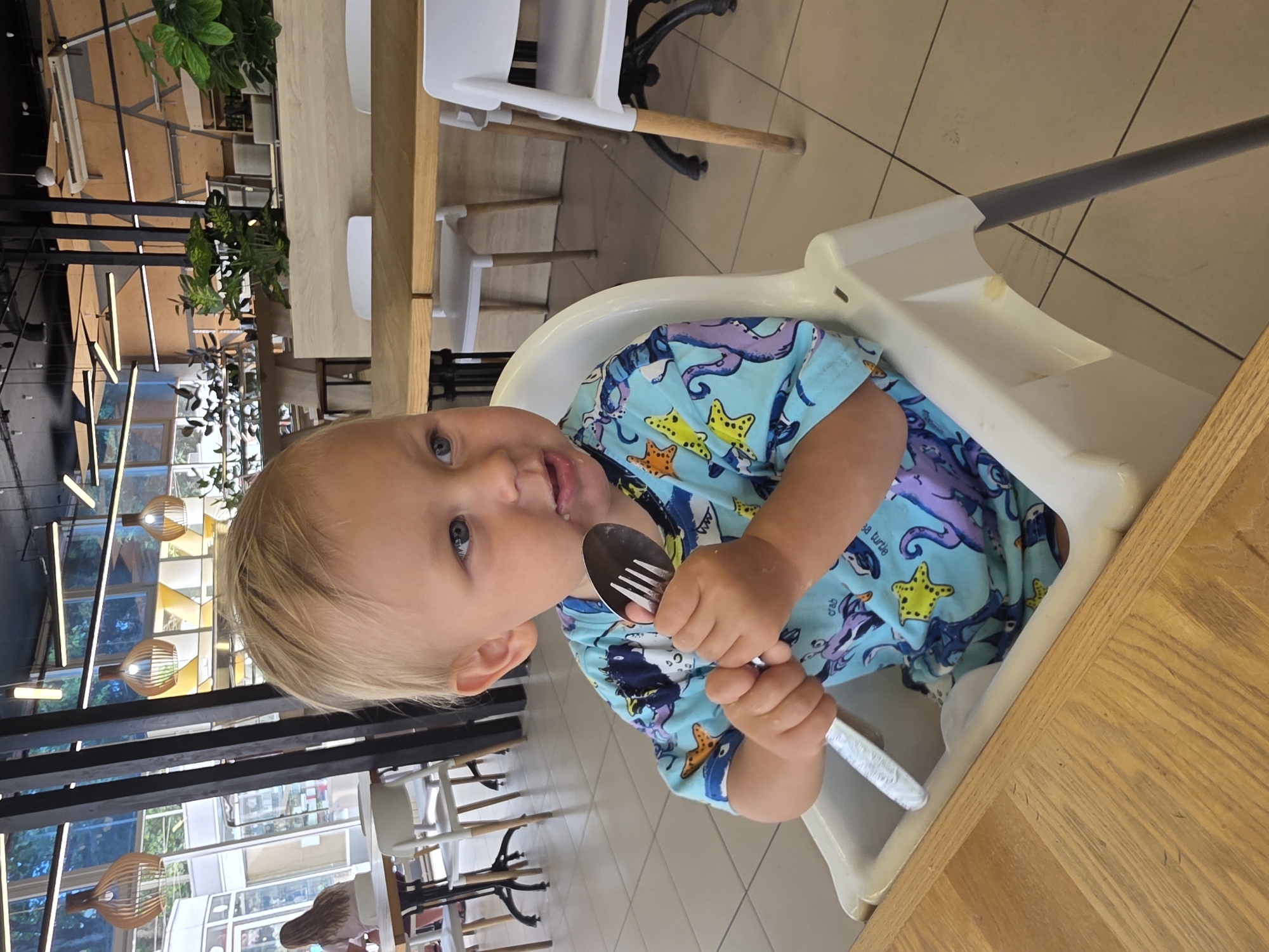 A young child with blond hair and blue eyes is sitting in a high chair. They are wearing a light blue shirt with a pattern of purple octopuses and yellow starfish. The child is holding a fork and spoon in their hands, seemingly playing with them. The high chair is white and made of plastic, with a gray tray attached to the front. The child is looking towards the camera with a slight smile.
The scene appears to be indoors, possibly in a restaurant or cafe. In the background, there are tables and chairs, as well as some plants and decorative lights. The overall setting suggests a casual dining environment. The lighting is bright, indicating it could be daytime.
No visible text is present in the image. The context provided specifies the location as Sochi, Russia.