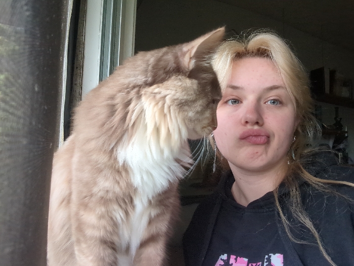 The scene, stated to be located in Area D (Elaho/Garibaldi), Canada, captures a close-up indoor portrait featuring one female and one domestic cat. The female, positioned on the right, exhibits fair skin, light blonde hair, blue eyes, and pursed lips. She wears a dark hooded sweatshirt with a visible pink and white graphic and silver-toned dangling earrings. A cream and light ginger domestic cat, displaying tabby markings and white underparts, occupies the left side of the frame, partially obscuring the female's left profile. The cat is turned away from the viewer, looking downwards and to the left. The background reveals a window with a dark mesh screen on the left, beyond which blurred green foliage is visible. The interior background on the right is dark and out of focus, showing indistinct structural or furniture elements.