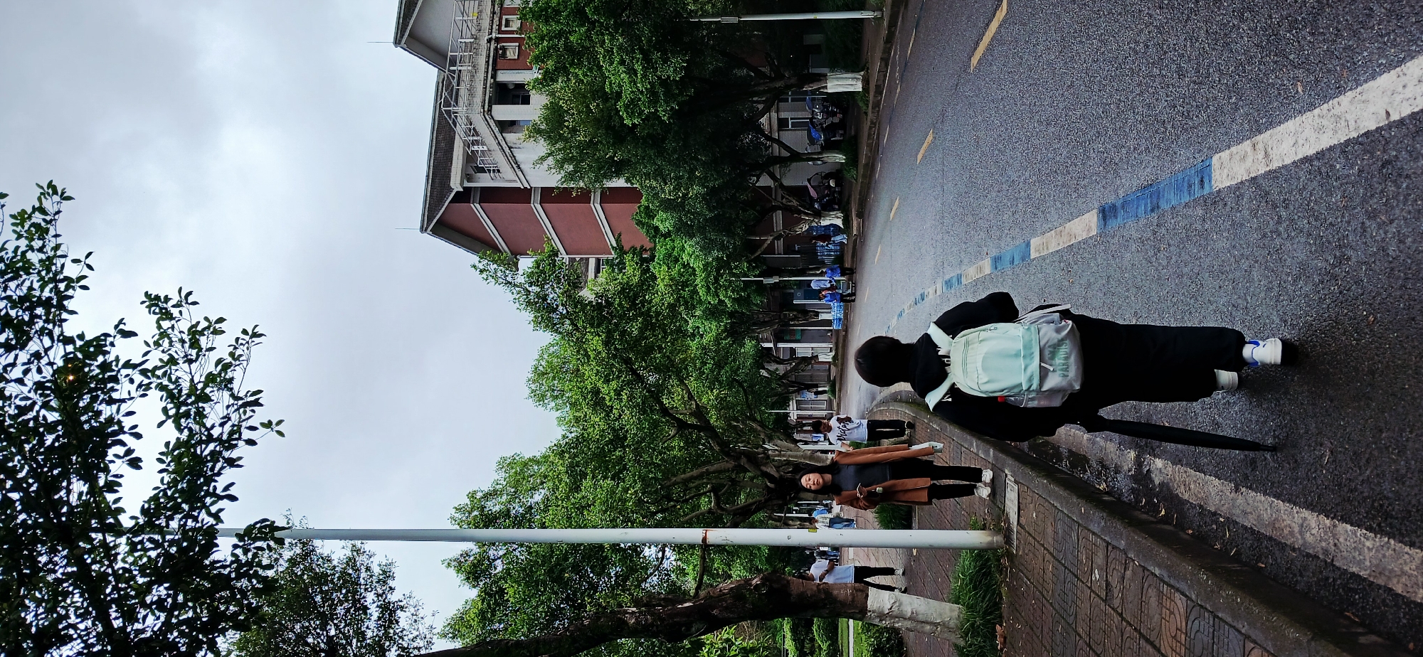 This image captures an outdoor scene in what appears to be an urban or campus environment, specifically identified as Chongqing High-tech Zone, China. The weather is overcast, with a grey sky and a damp road surface suggesting recent rain.
In the foreground, a person is walking away from the camera on the edge of an asphalt road. They are dressed in a black long-sleeved top, black trousers, and white sneakers with blue accents. A light blue backpack with the word "PARADISE" visible on it is worn on their back. They carry a closed black umbrella, pointing towards the ground. The road features a solid white line and a dashed blue line.
Adjacent to the road is a patterned grey sidewalk, lined by numerous trees with lush green foliage. A white horizontal pole stretches across the midground above the sidewalk. Several other individuals are present on the sidewalk. One woman, wearing a dark top and skirt, stands near the pole, looking towards the viewer while holding a phone. Further down the sidewalk, more people are visible, some standing, others in small groups, partly obscured by the trees.
In the background, a multi-story building with reddish-brown walls and white architectural elements is partially visible through and above the tree canopy. The overall impression is one of a routine day in a busy but green environment, under cloudy skies.
