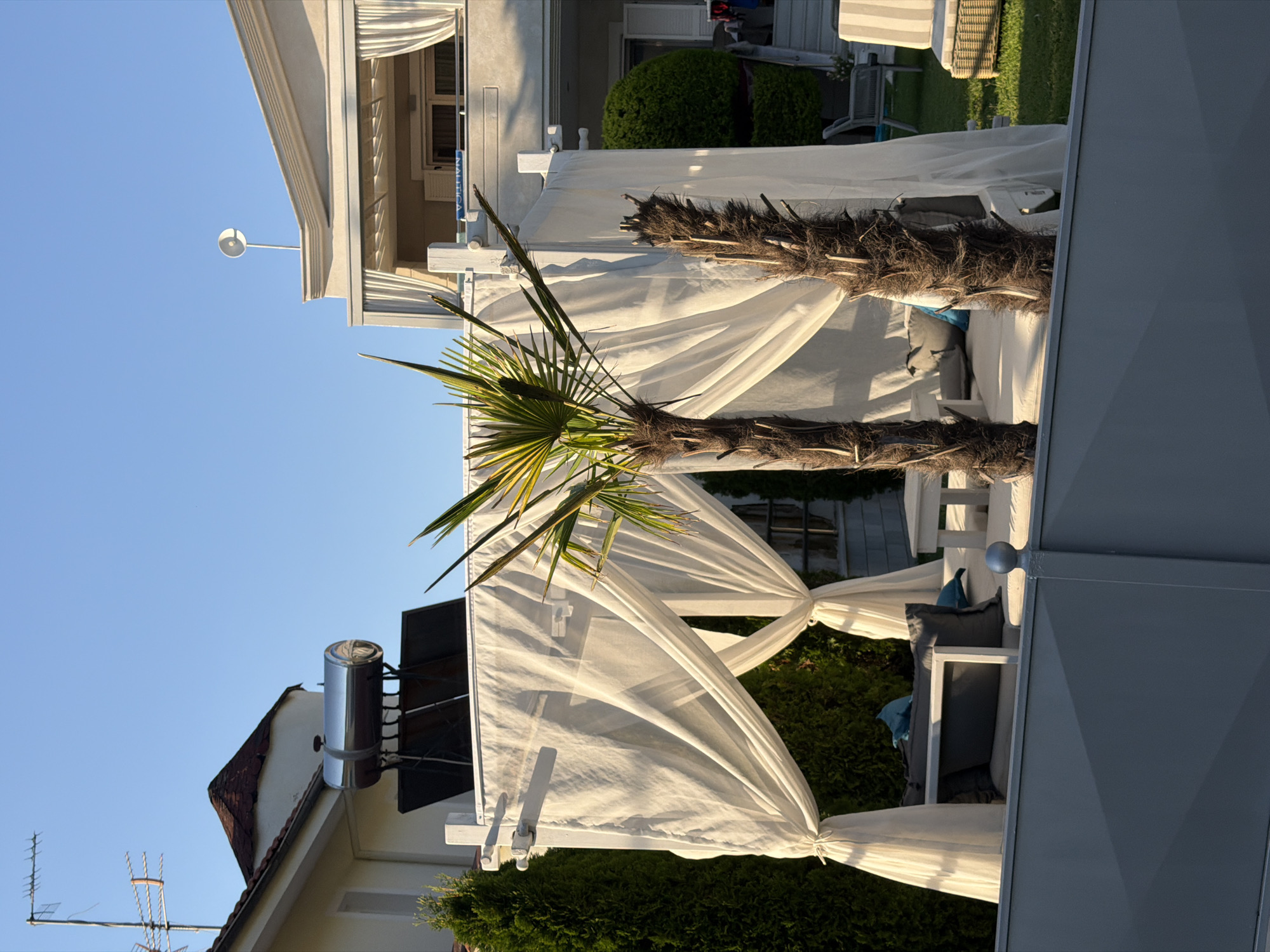 The image depicts an outdoor seating area with a white canopy, furnished with a daybed, cushions, and a small table. Two palm trees, one with a fuller fronded top and another that appears pruned or damaged, are positioned in front of the canopy. In the background, a building with white drapery on a balcony is visible, along with a solar water heater on a roof and a satellite dish. The scene is set in a garden with lush green trees and manicured bushes, under a clear blue sky. The foreground features a gray fence. The location is identified as Golden Beach, Greece.