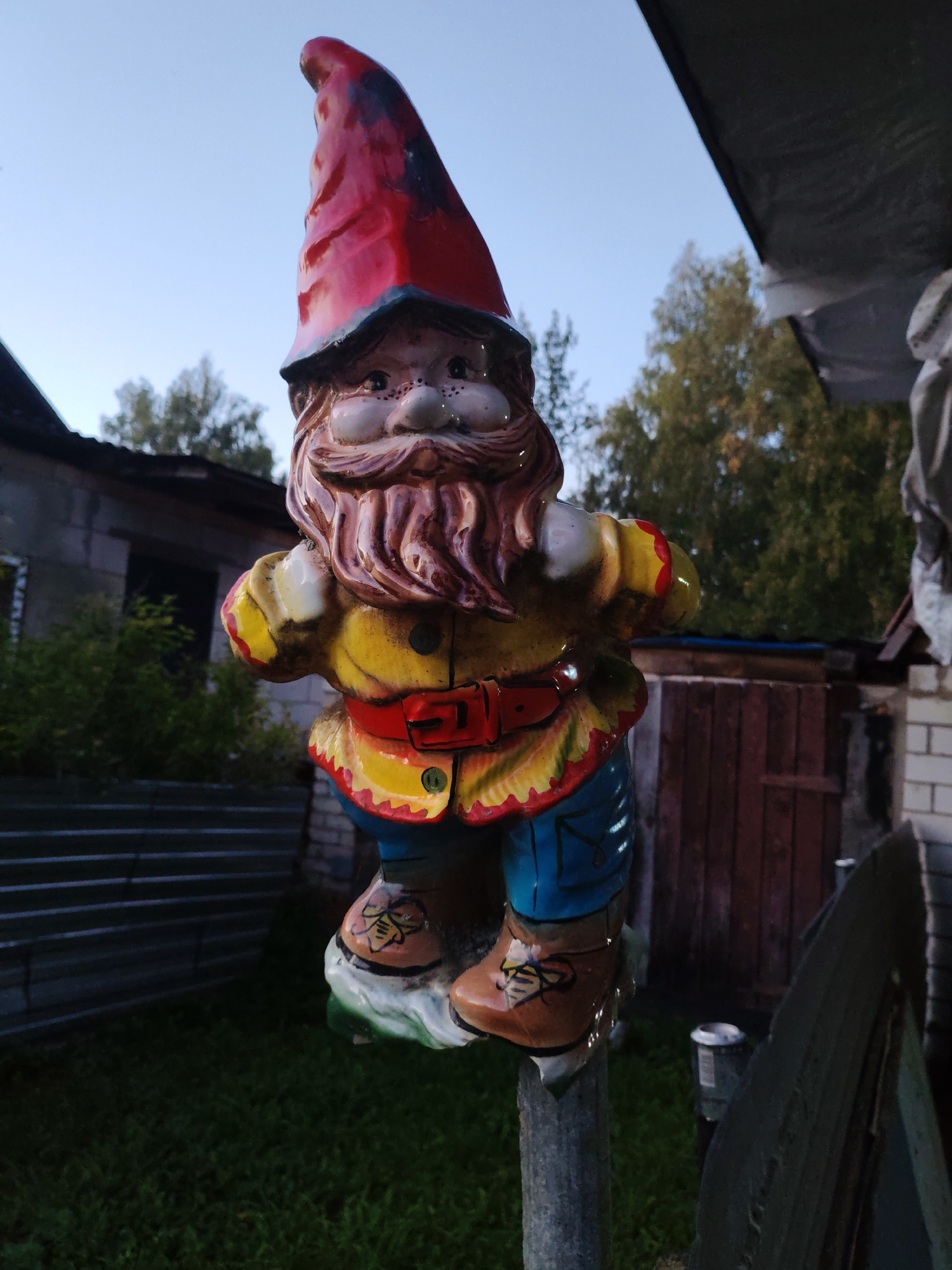 A low-angle, medium shot captures a colorful garden gnome standing outdoors, likely in a residential setting. The gnome, positioned prominently in the foreground, is a ceramic figure with a red conical hat, a yellow tunic with a red belt, and blue trousers. It has a long, light brown beard and is wearing brown boots. The gnome is mounted on a grey post and its base appears to be green and white.
Behind the gnome, the background suggests a backyard environment. To the left, a dark metal fence runs horizontally, partially obscured by green foliage. Beyond the fence, there is a building constructed with grey blocks, featuring dark windows. Further in the background, trees with green and yellow foliage are visible against a pale blue sky, indicating either late summer or early autumn. To the right of the gnome, a dark brown wooden door or shed is visible, along with sections of a brick wall. A white bucket is present on the ground near the wooden structure. The overall lighting suggests it is either dawn or dusk, with a soft, diffused light. The image does not provide information about the city of Тешевичи, Russia.