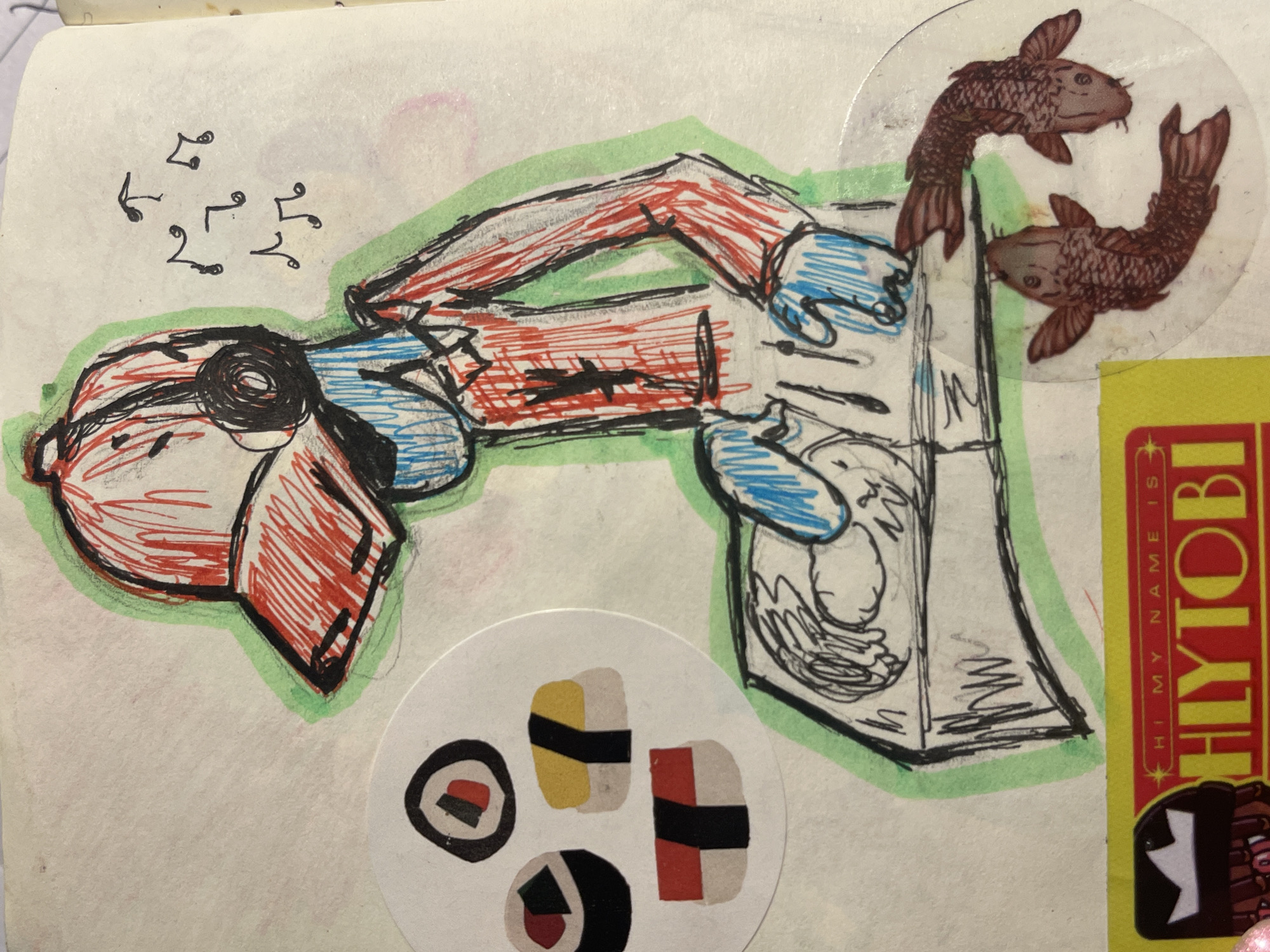 This image captures a detail from a sketchbook or journal page, featuring a hand-drawn character surrounded by various stickers and smaller drawings.
The central subject is a stylized, cartoonish figure, drawn with black outlines and filled with red and blue cross-hatching. The character's head is on the left, wearing what appears to be a black eye patch on its left eye. It has a bulky, angular body and arms, with one hand seemingly holding onto a rectangular, bag-like or box-like object. This main drawing is highlighted with a light green border.
Emerging from the top right of the bag or box are two brown koi fish stickers, positioned as if swimming out. Below and to the left of the bag, another circular sticker displays various types of sushi: two pieces of nigiri (one with a yellow topping, one with a red and white topping) and two maki rolls.
Above the character's head, towards the upper left, are several small, black, hand-drawn symbols resembling musical notes or abstract squiggles.
On the right side of the image, partially visible, is a yellow and red sticker. The legible text on this sticker reads "HI MY NAME IS" in smaller letters above the larger, bold text "HLYTOBI".
The overall style is informal and creative, combining ink drawings with adhesive stickers on what appears to be textured, off-white paper. There are no specific cues for time of day, weather, or location within the image itself.