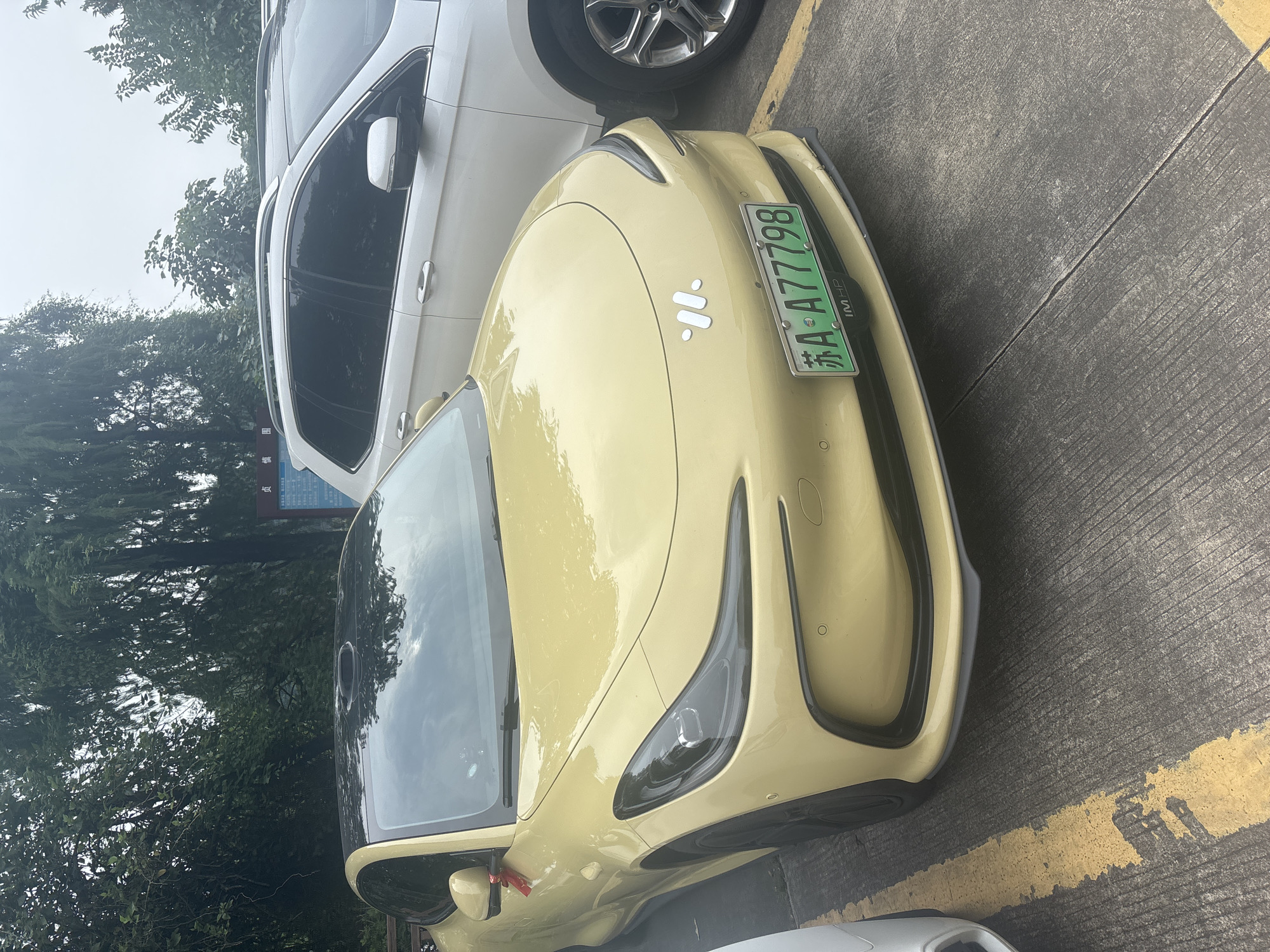 An exterior medium shot captures a yellow electric car parked in a lot. The car is the primary subject, with its front facing the camera at a slight left angle. A white SUV is parked to the right of the yellow car, partially obscuring its rear. The car's license plate, green with white characters, reads "苏A A77798". The car also displays a logo on its hood, which appears to be two intertwined 'W' shapes. The environment is an outdoor parking lot with yellow lane markings on the asphalt. Lush green trees and foliage form a backdrop, with the sky overcast and a signpost visible in the distance. The image is composed from a slightly elevated perspective.