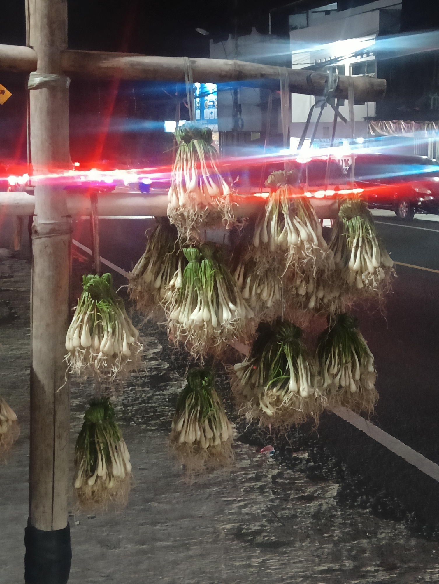 In Cisarua, Indonesia, at night, bundles of scallions hang from bamboo poles along a roadside. The scallions, with white bulbs and green tops, have their roots exposed and dangling. The scene is illuminated by a mix of ambient streetlights and passing vehicle lights, creating streaks of red and blue light across the image. A red car is visible in the background. The ground appears to be asphalt, with a white line indicating a road lane. The overall impression is a roadside stall or market, likely selling fresh produce at night.